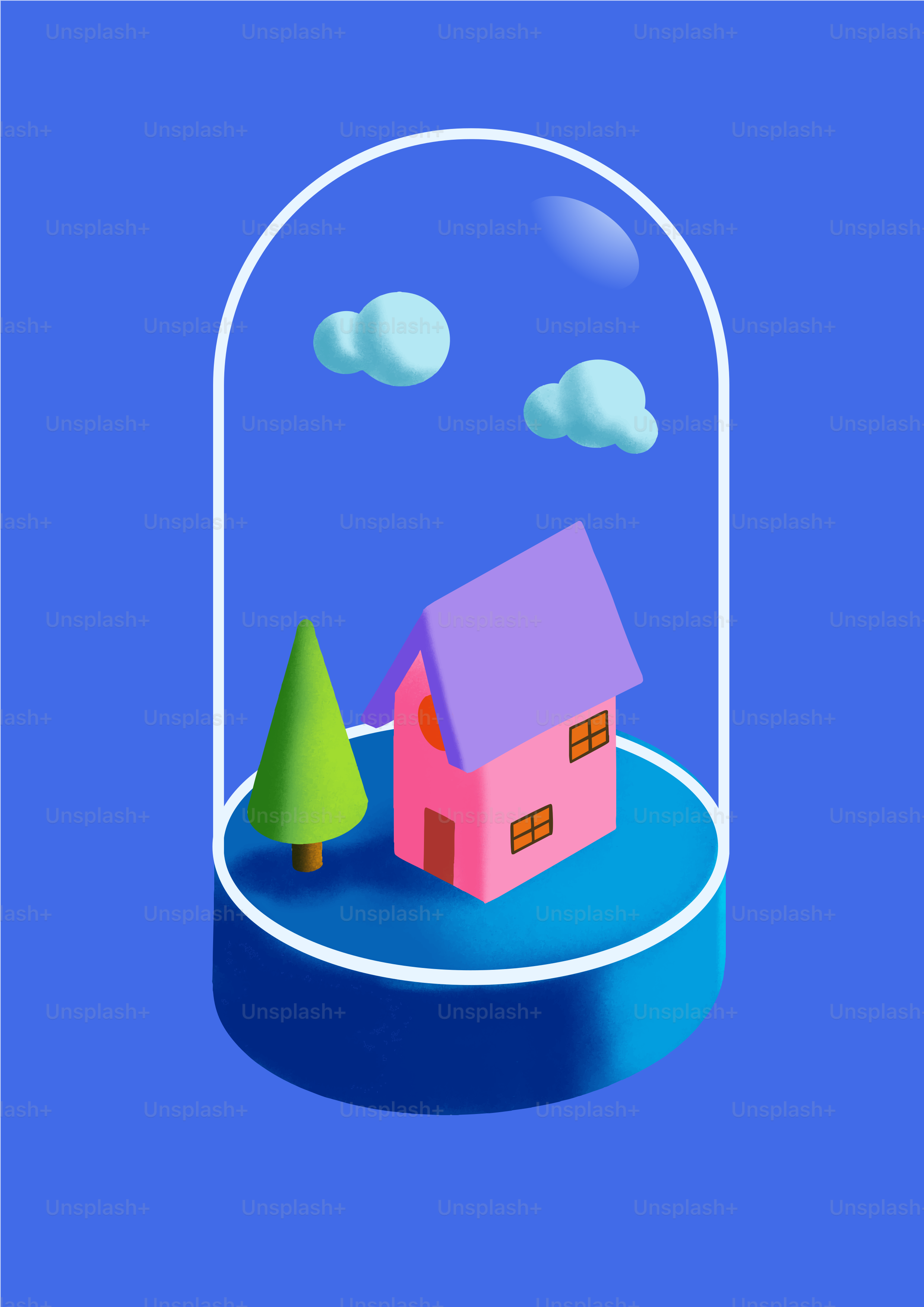 A pink house and tree inside a glass dome.