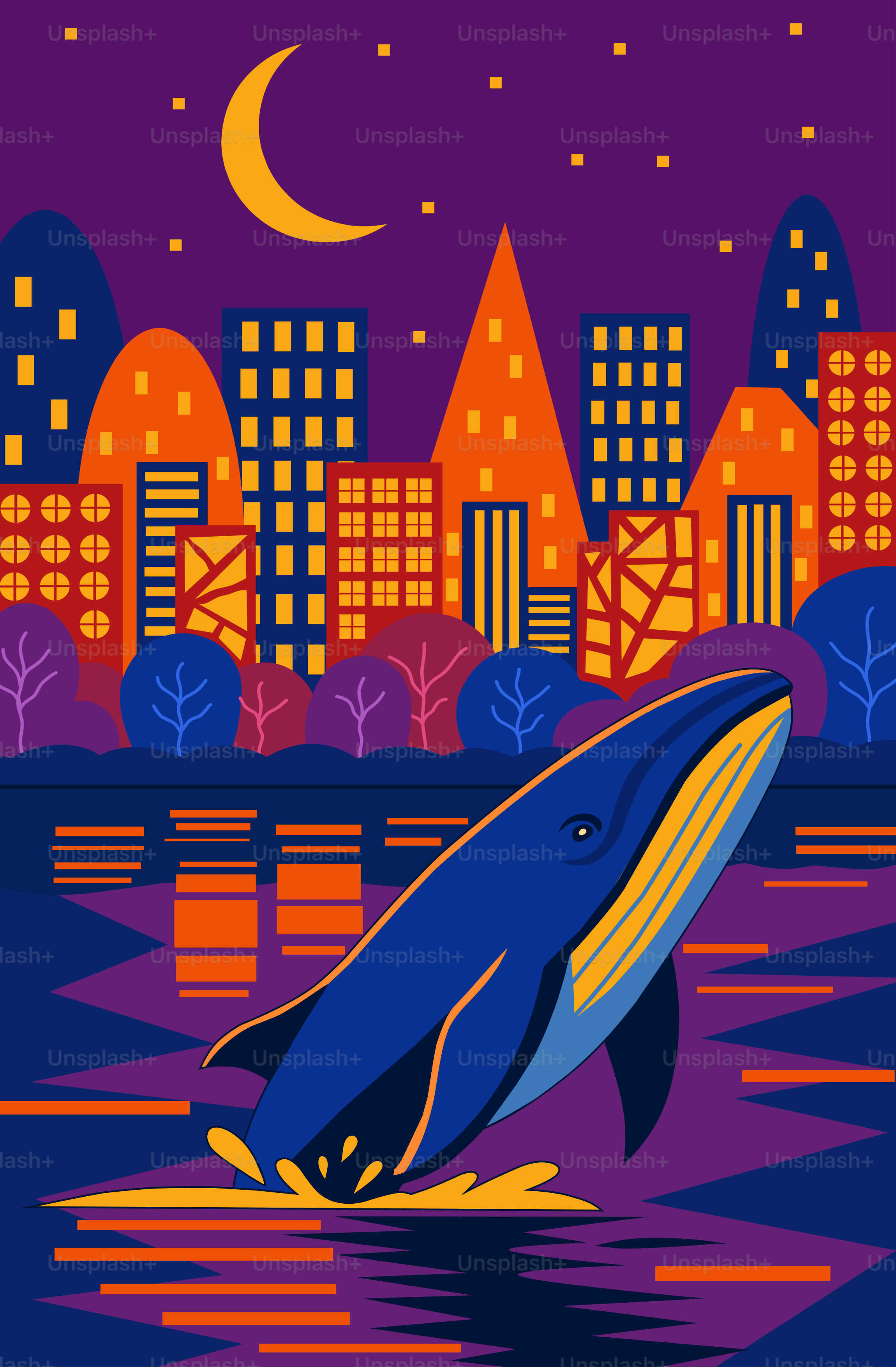 Whale breaching near a vibrant, stylized city at night.