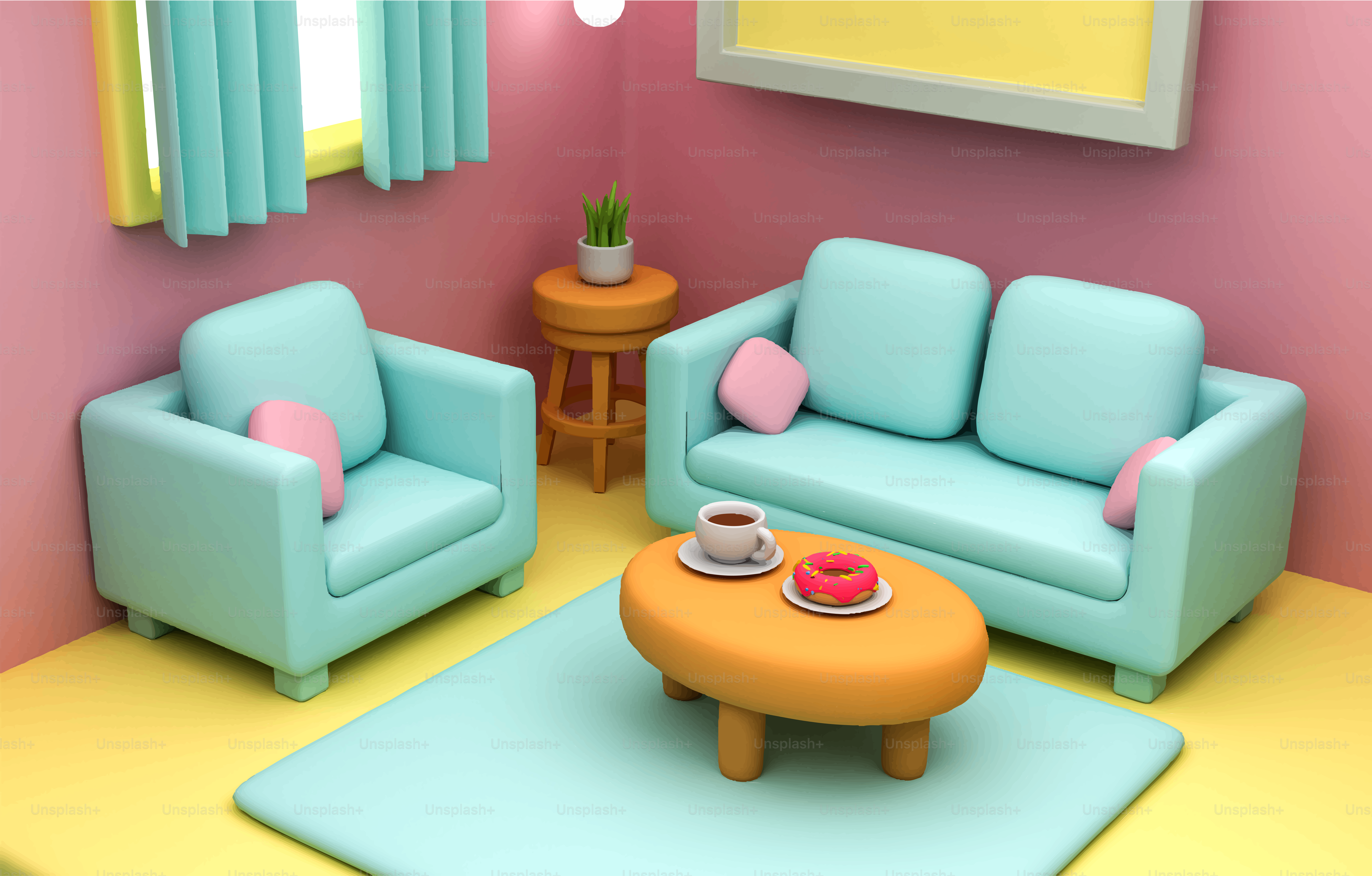 Uma sala de estar em tons pastel com móveis azul-petróleo e mesa de centro.