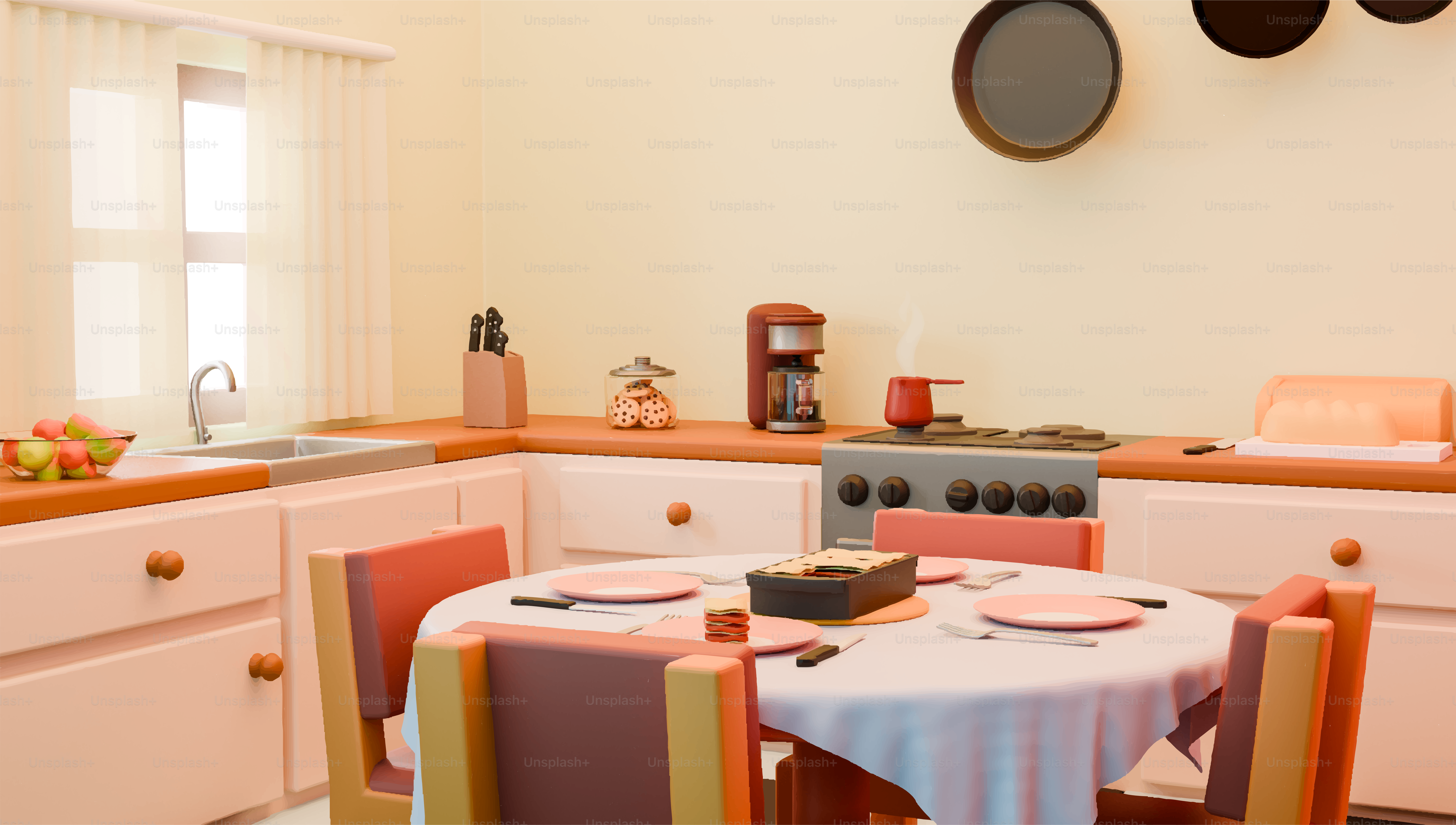 Cozinha aconchegante com mesa de jantar posta para dois.