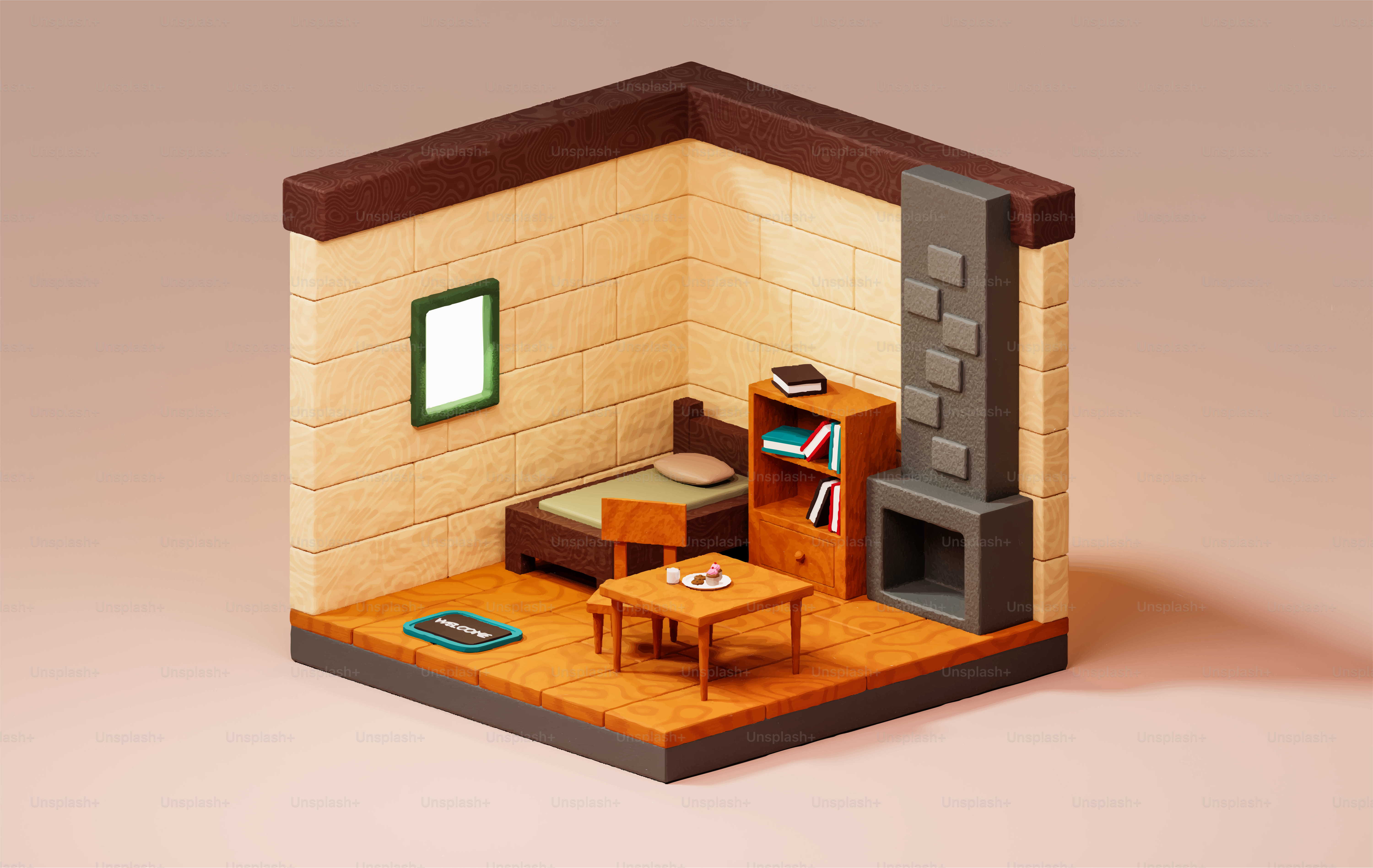 Isometric view of a cozy room with bed and fireplace