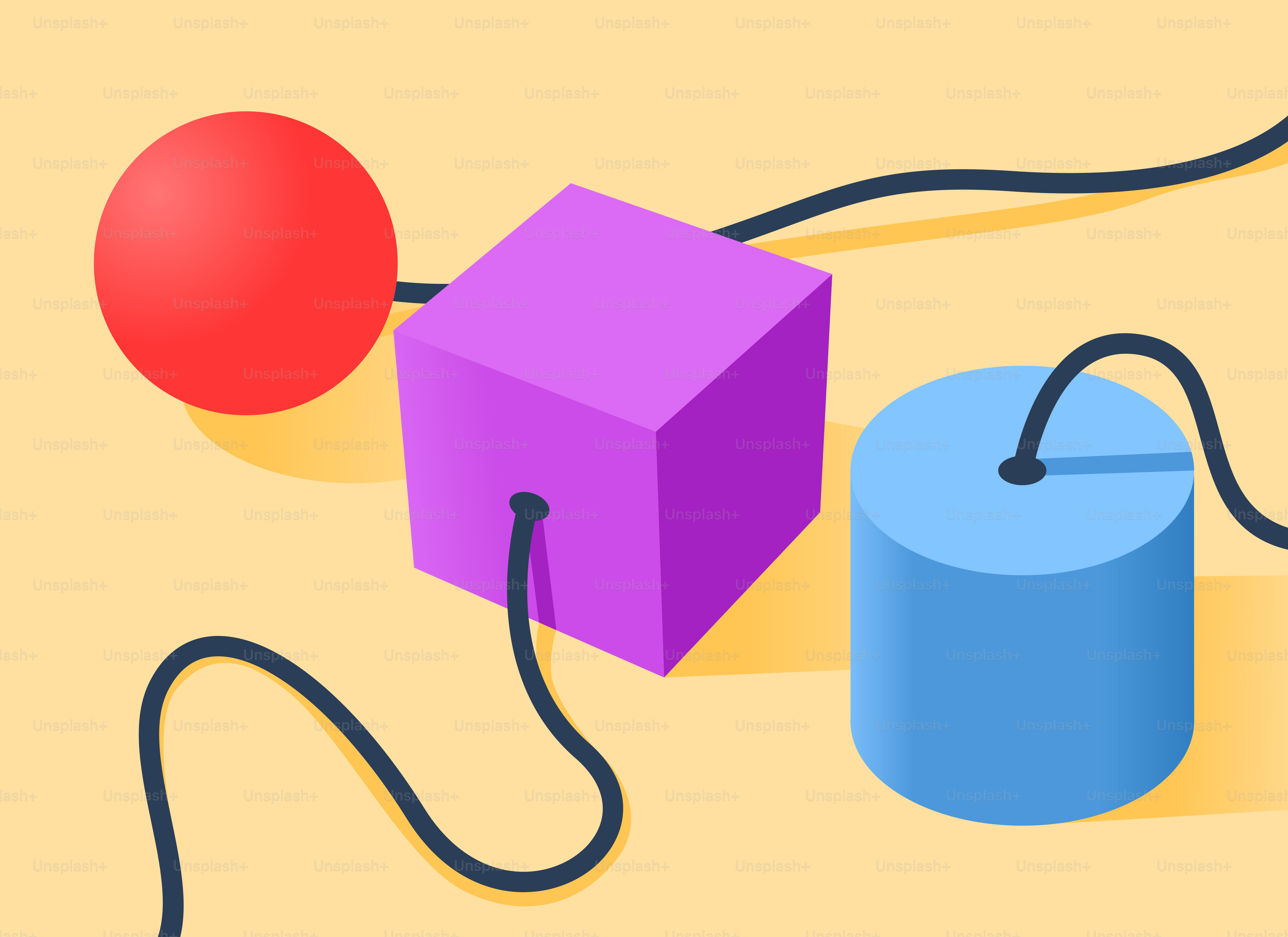 Sphère rouge, cube violet et cylindre bleu reliés par des fils