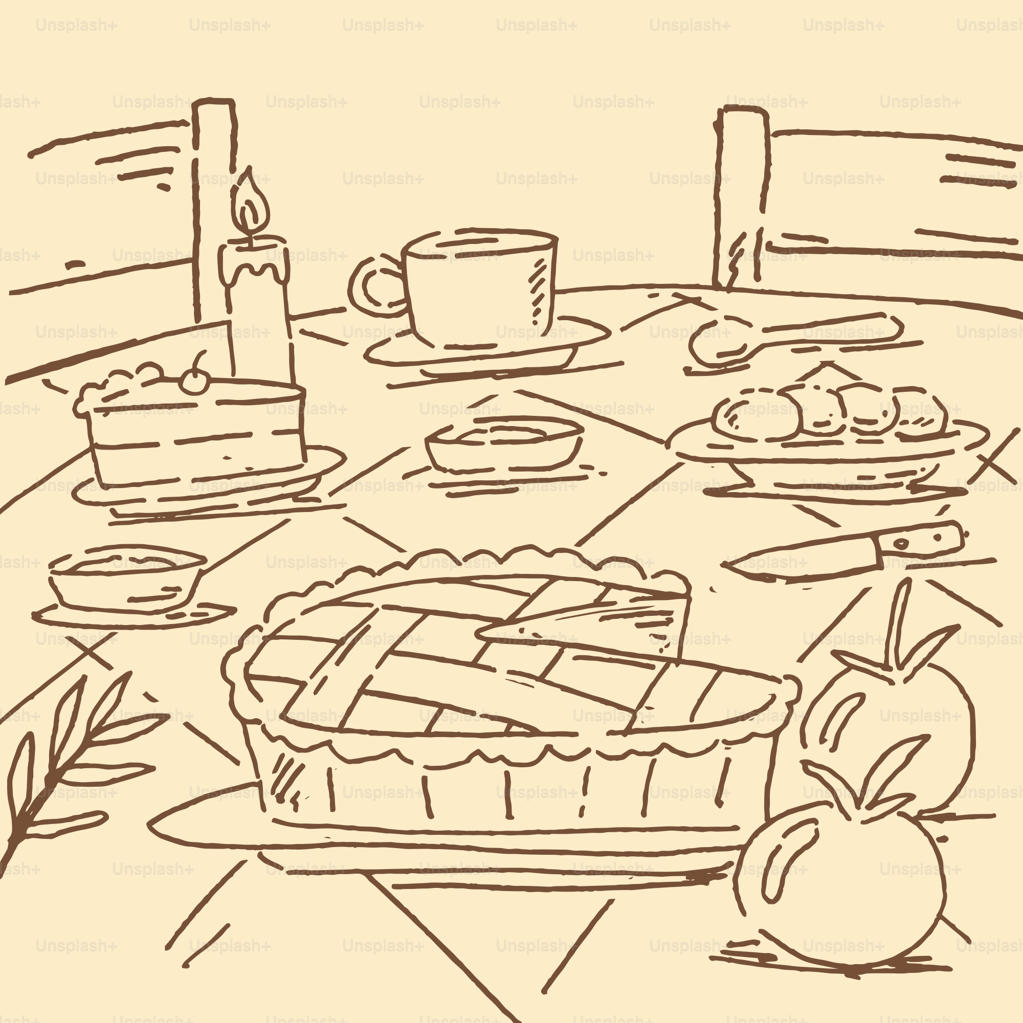 Dessert spread with pie, cake, and fruit.