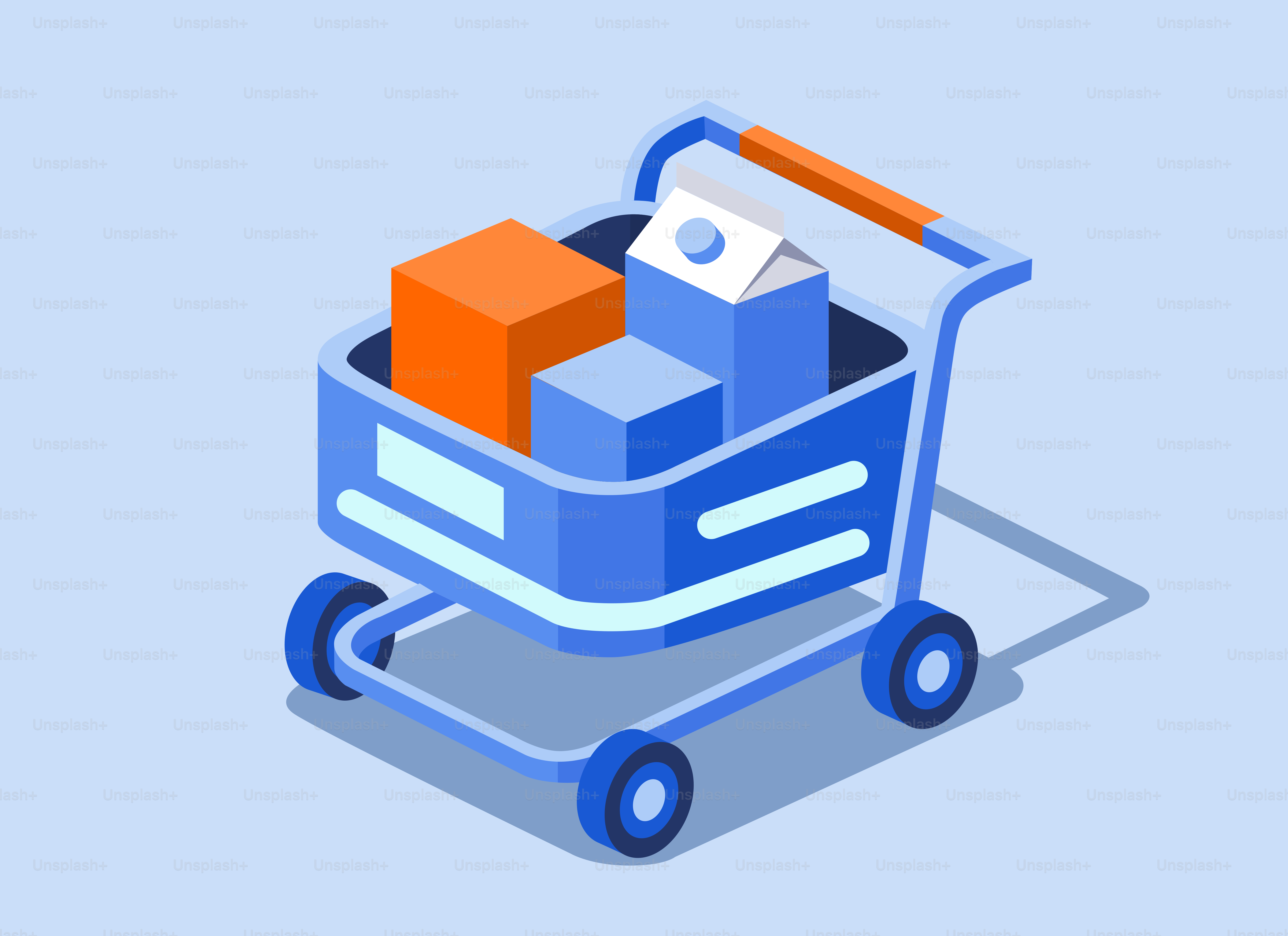 Un carrito azul lleno de cajas.