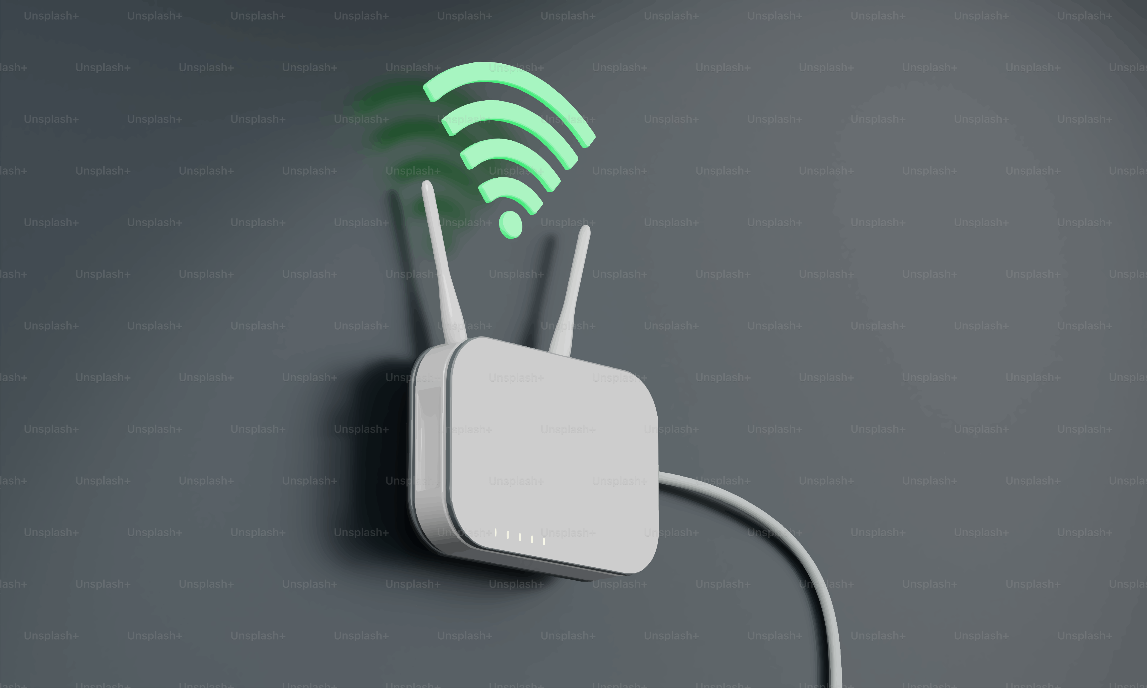 White wi-fi router with glowing signal on wall.