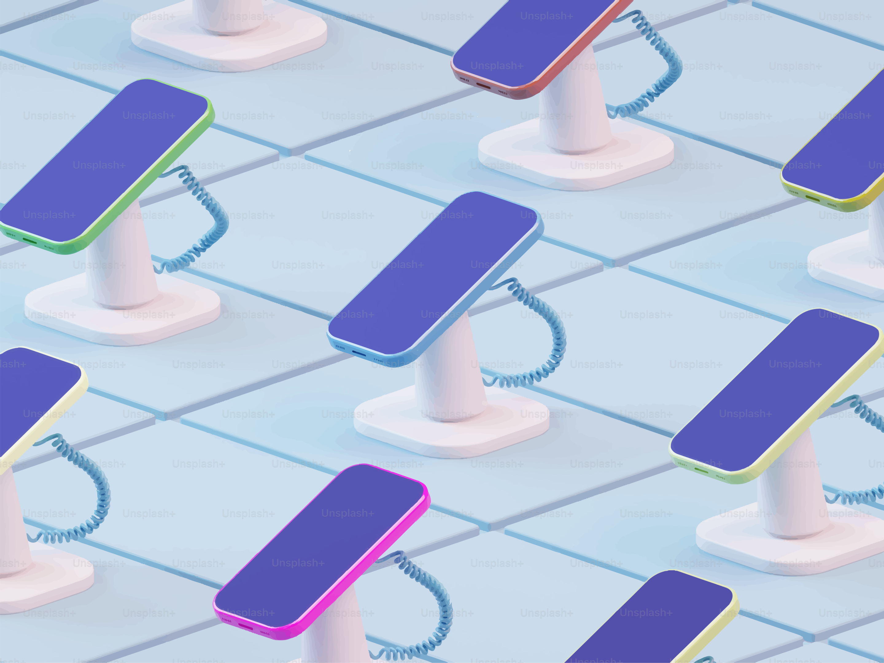 Multiple smartphones displayed on stands with colorful borders