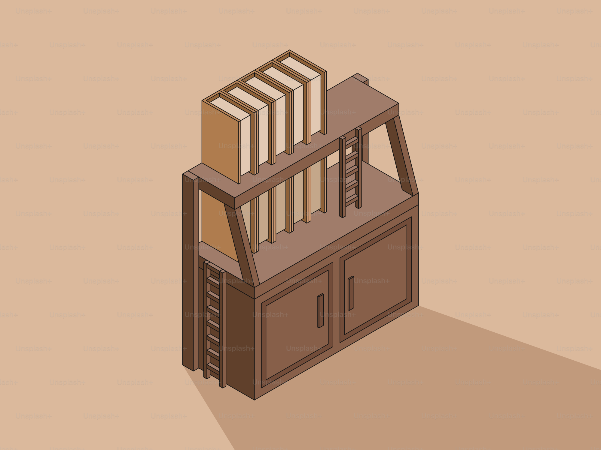 Wooden bookshelf with books and ladders