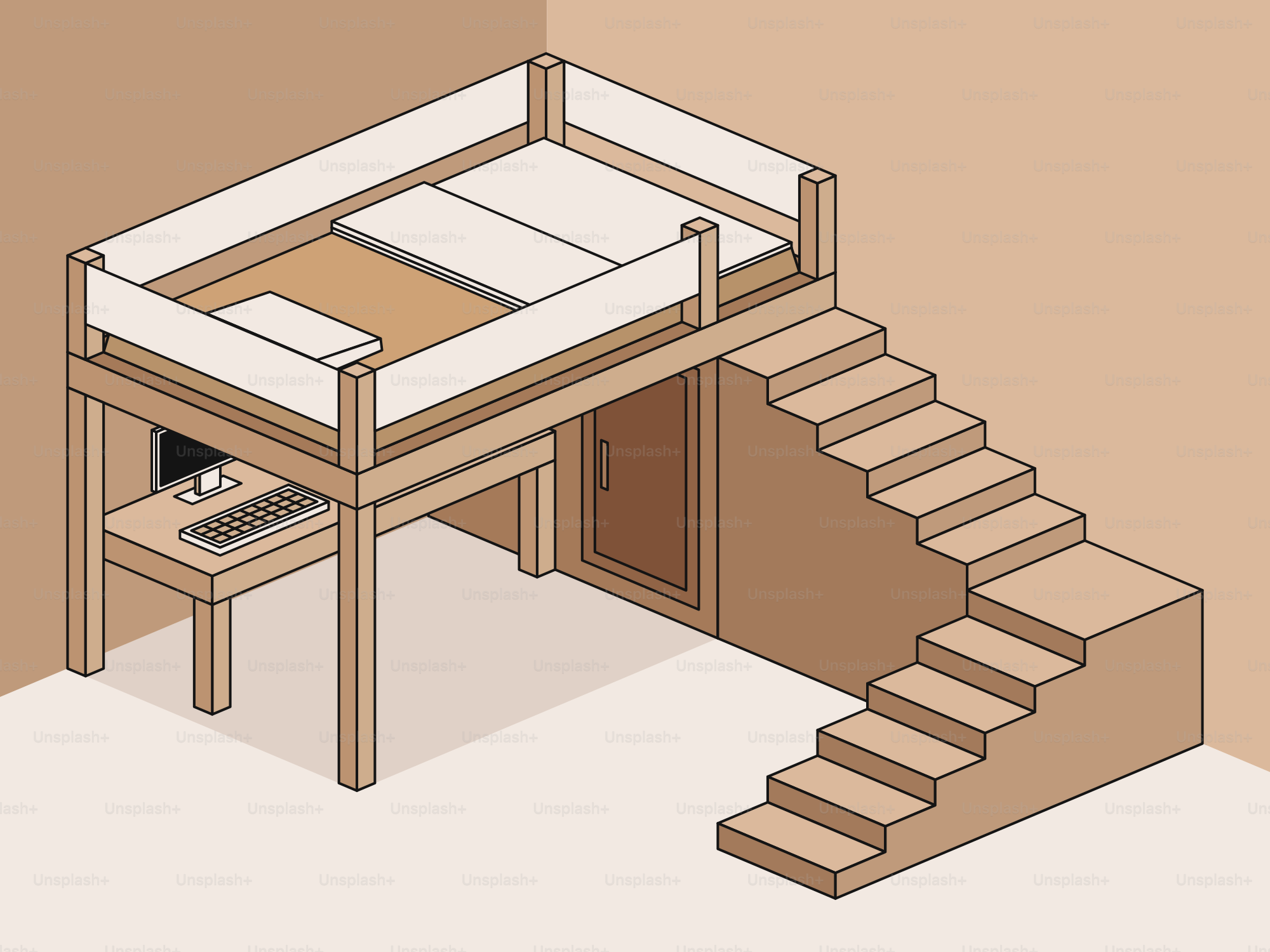 Loft bed with desk and stairs in a room.
