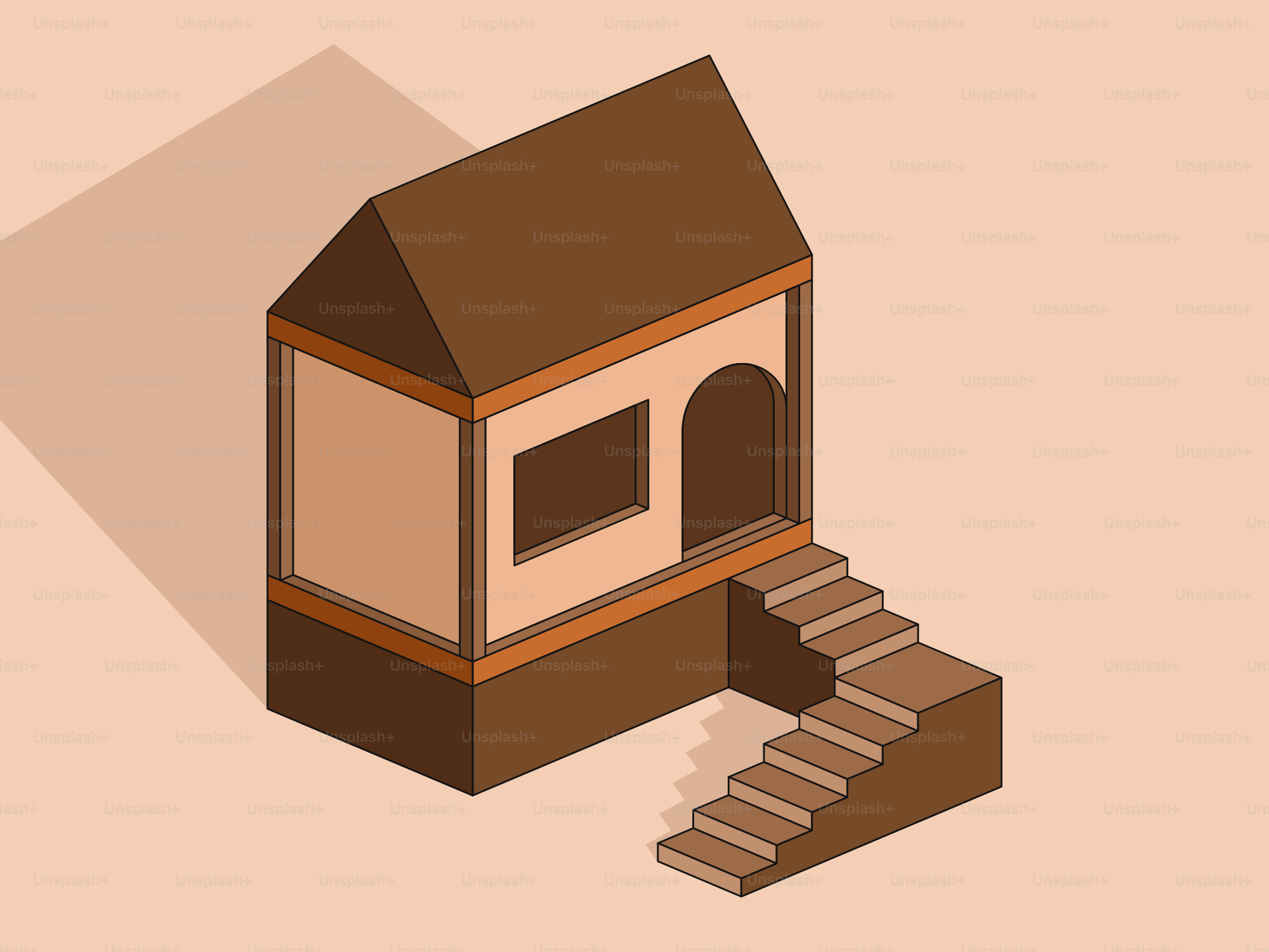 A simple brown house with stairs and shadow.