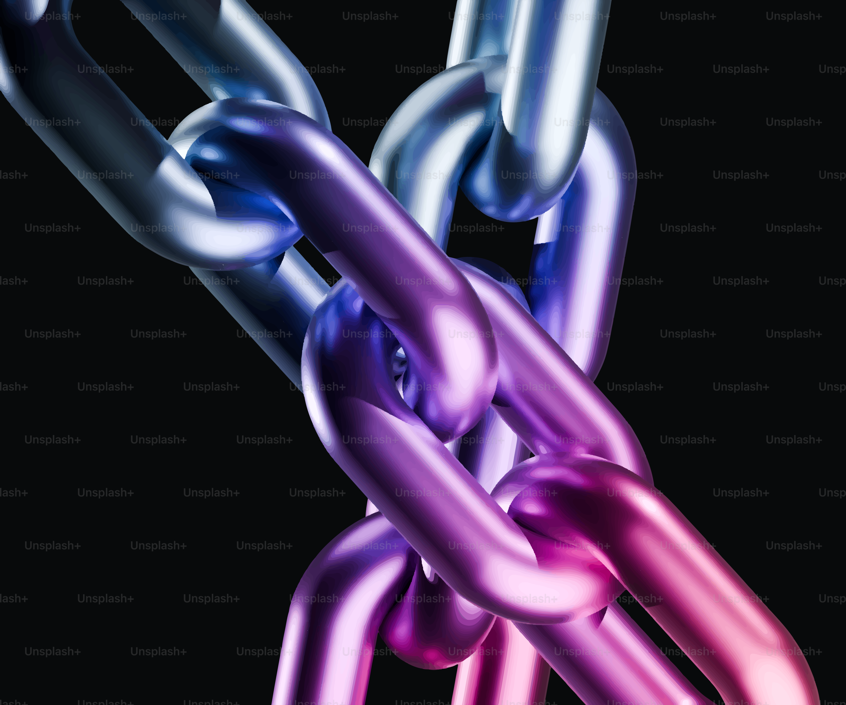 Ineinandergreifende Metallketten mit violetten und blauen Farbtönen