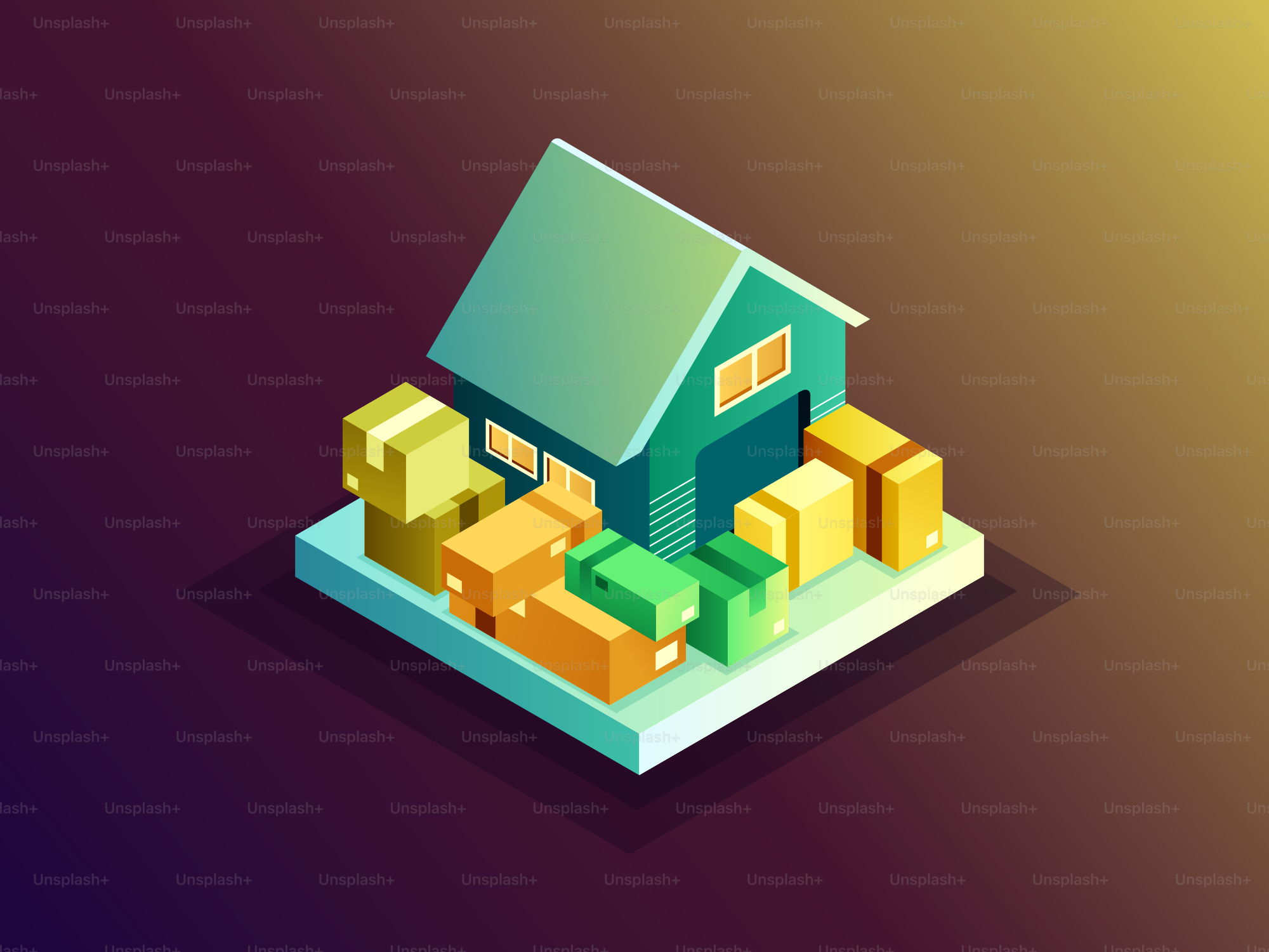 Magazzino isometrico con scatole su uno sfondo a gradiente