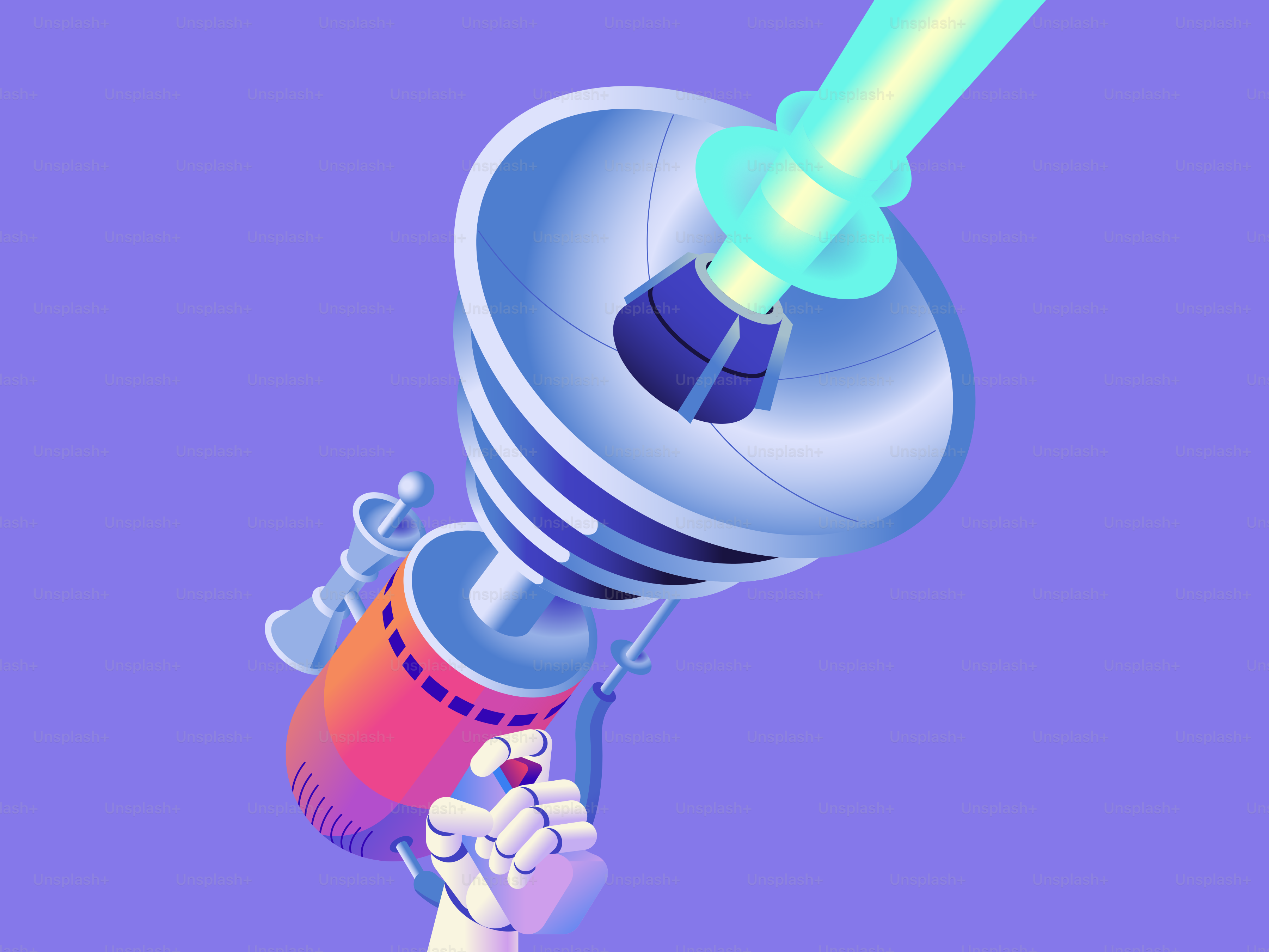 A robotic hand holding a futuristic megaphone