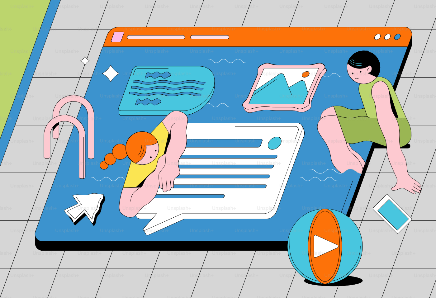 People interacting with digital content in a pool.