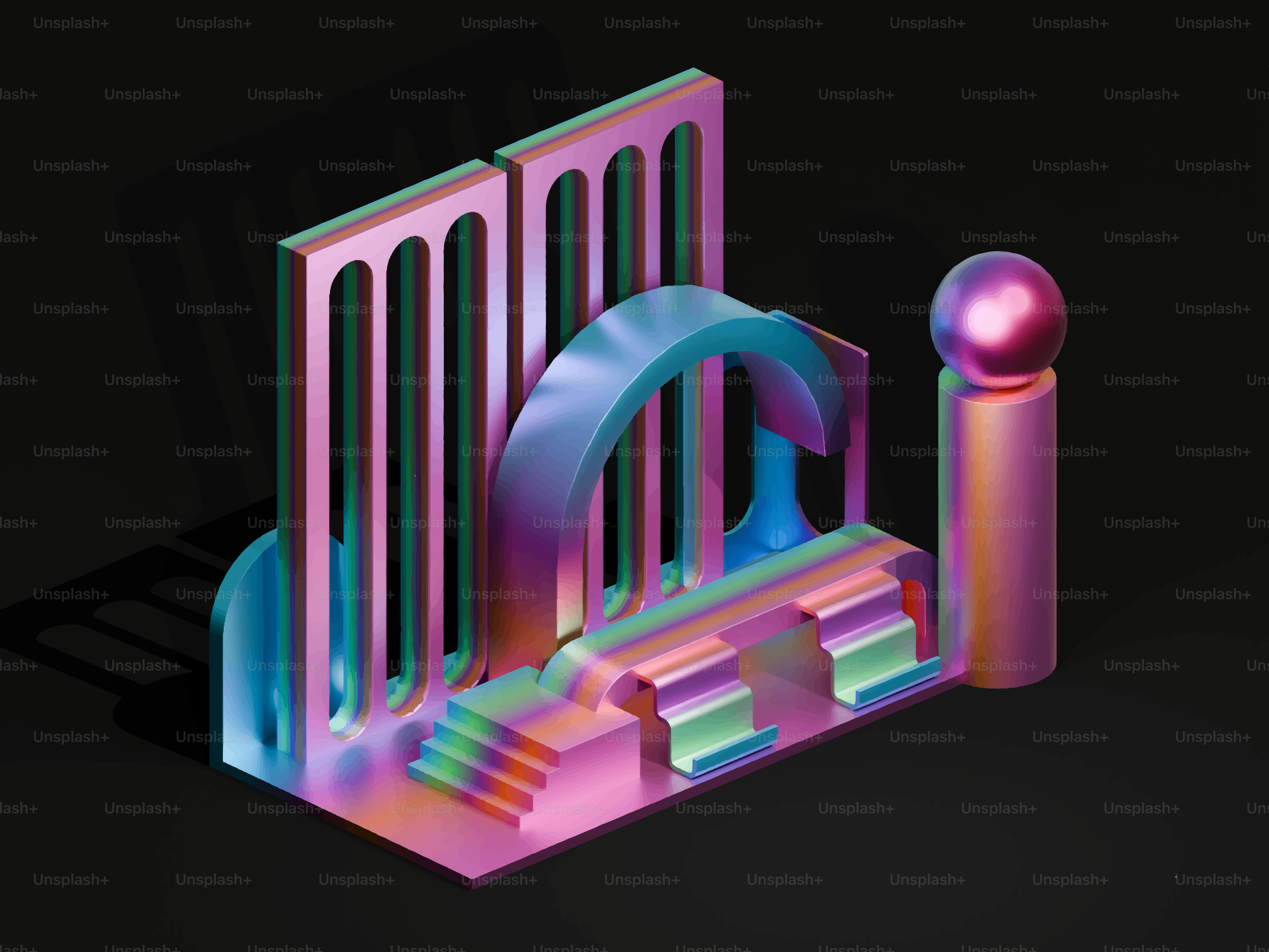 Irisierendes Architekturmodell mit Bögen und Säulen.