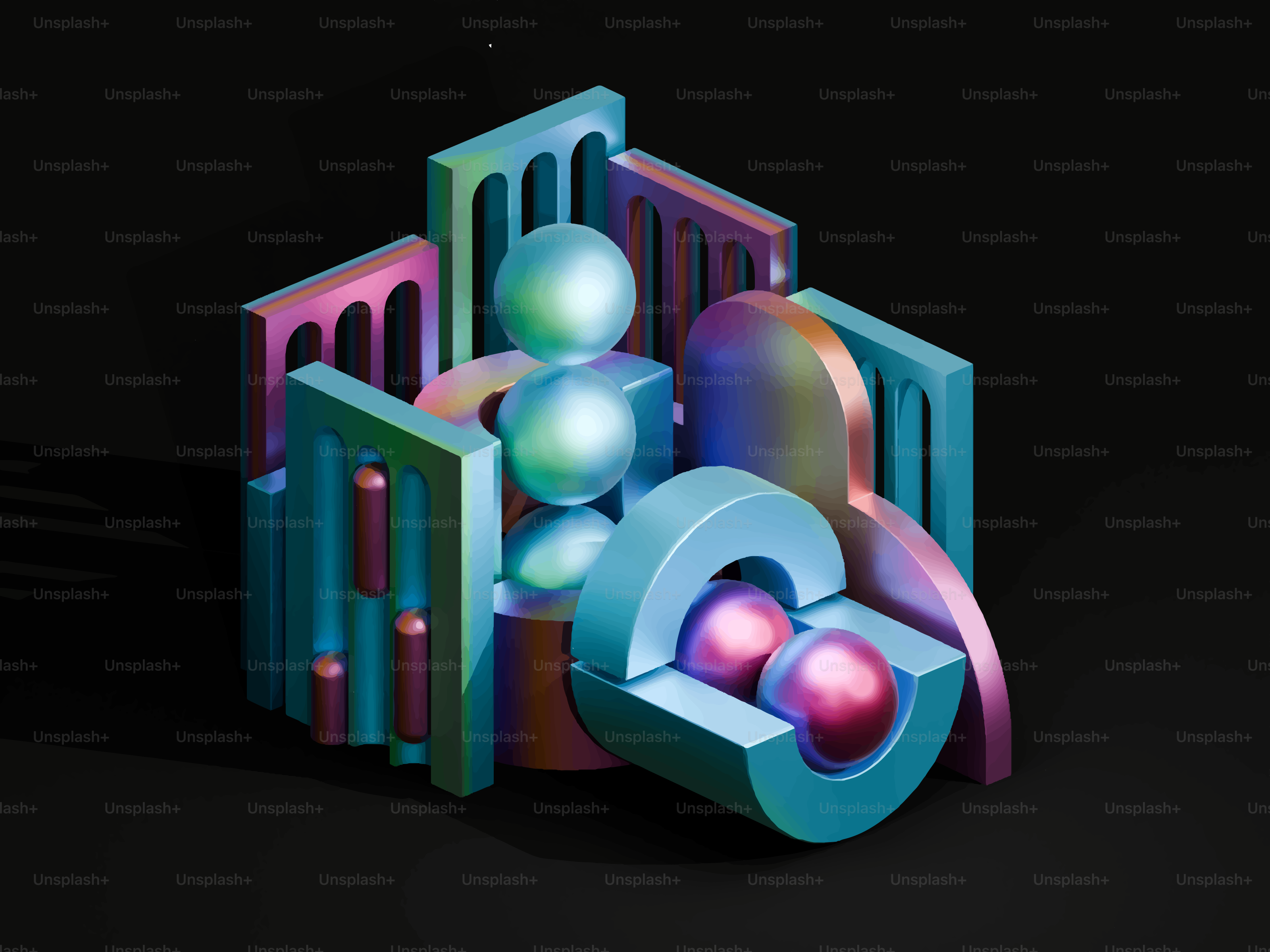 Abstract geometric sculpture with iridescent spheres