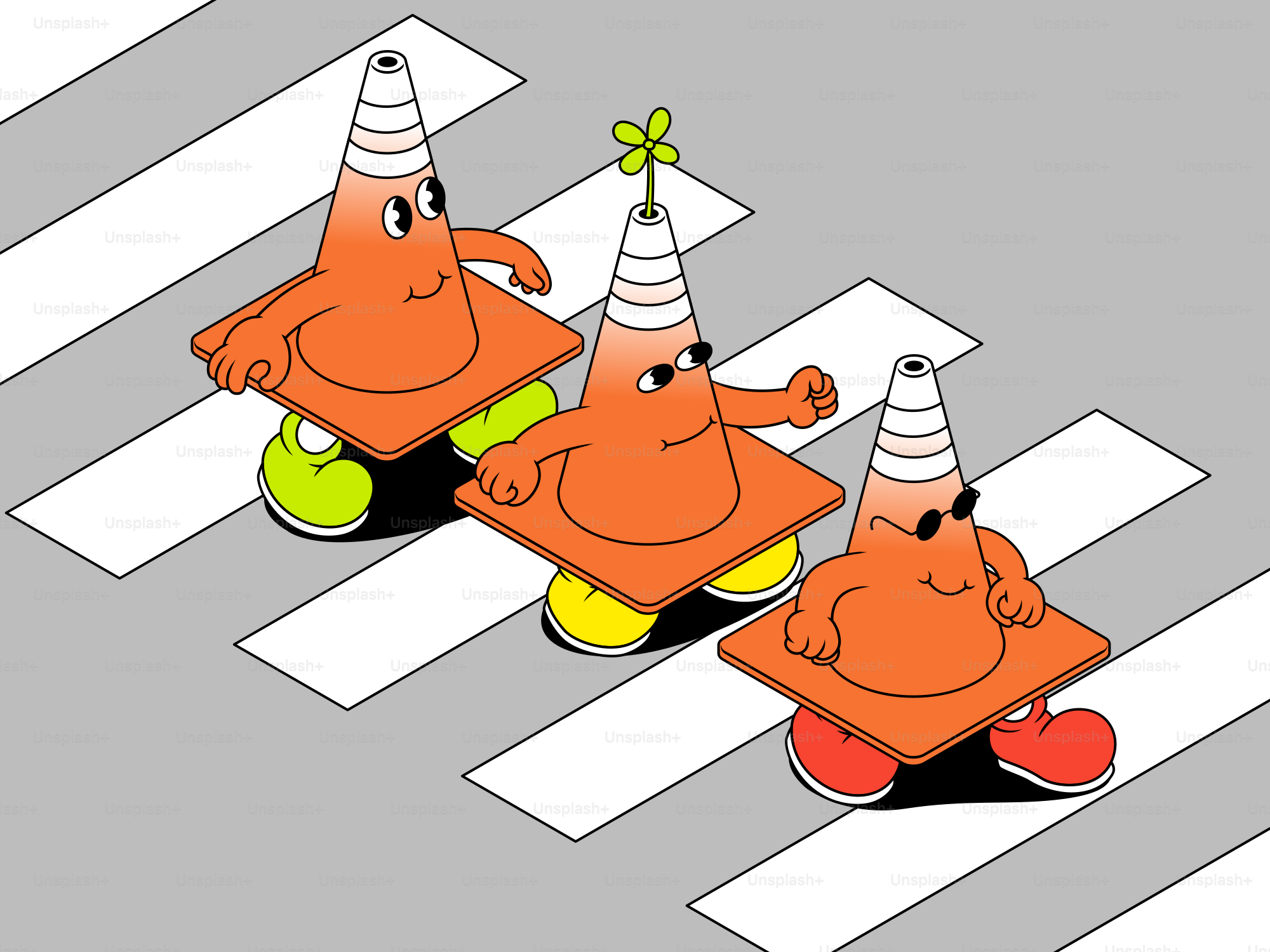 Three anthropomorphic traffic cones crossing a street.