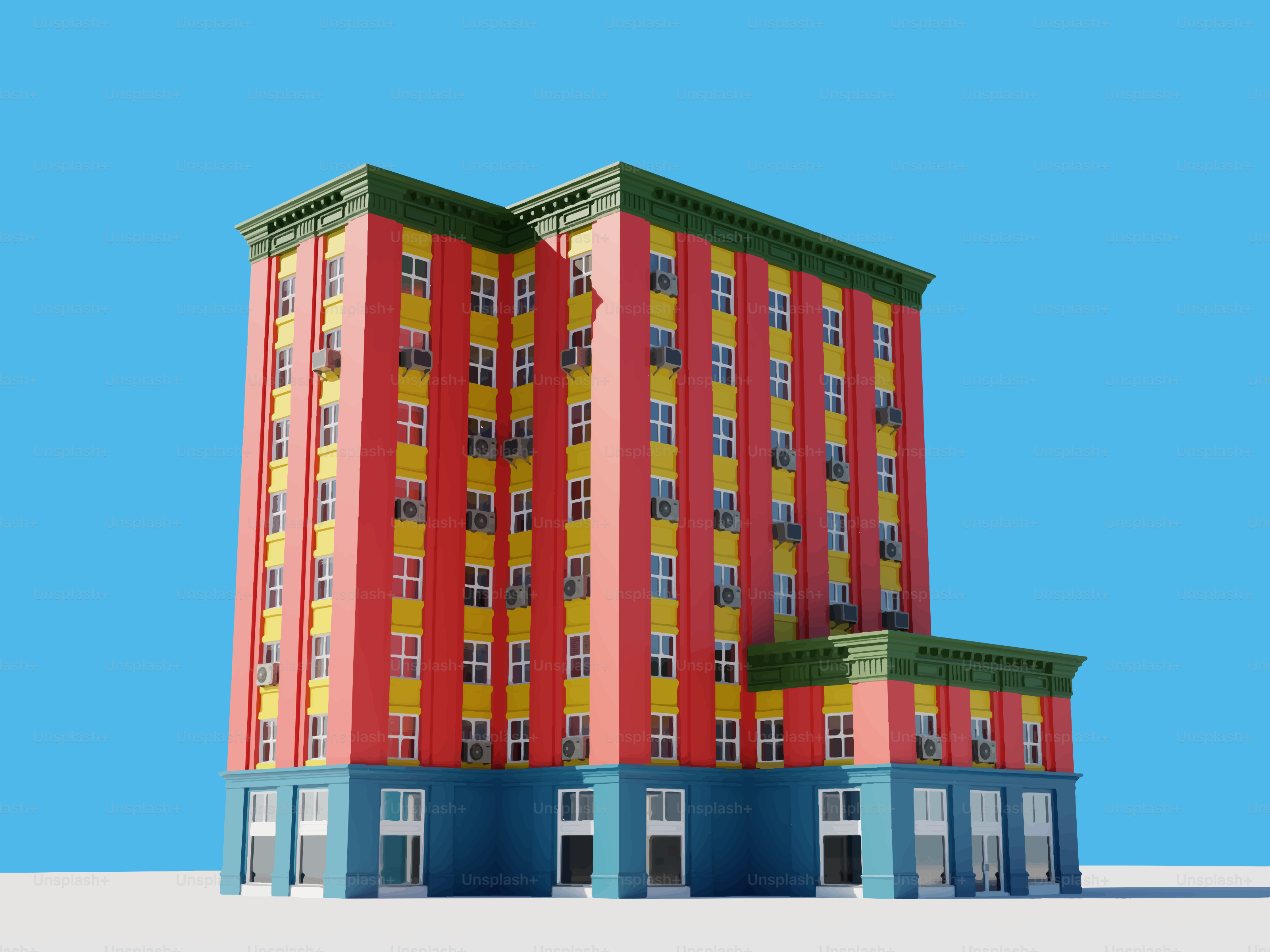 Prédio alto e colorido com muitas janelas