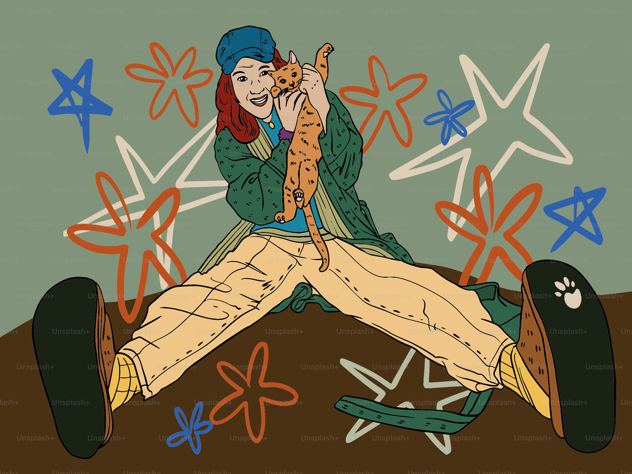 Woman holding a ginger cat with stars around