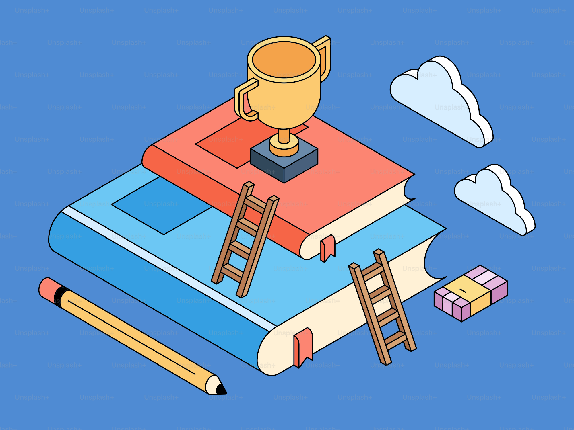 Trofeo su libri con scale e matita