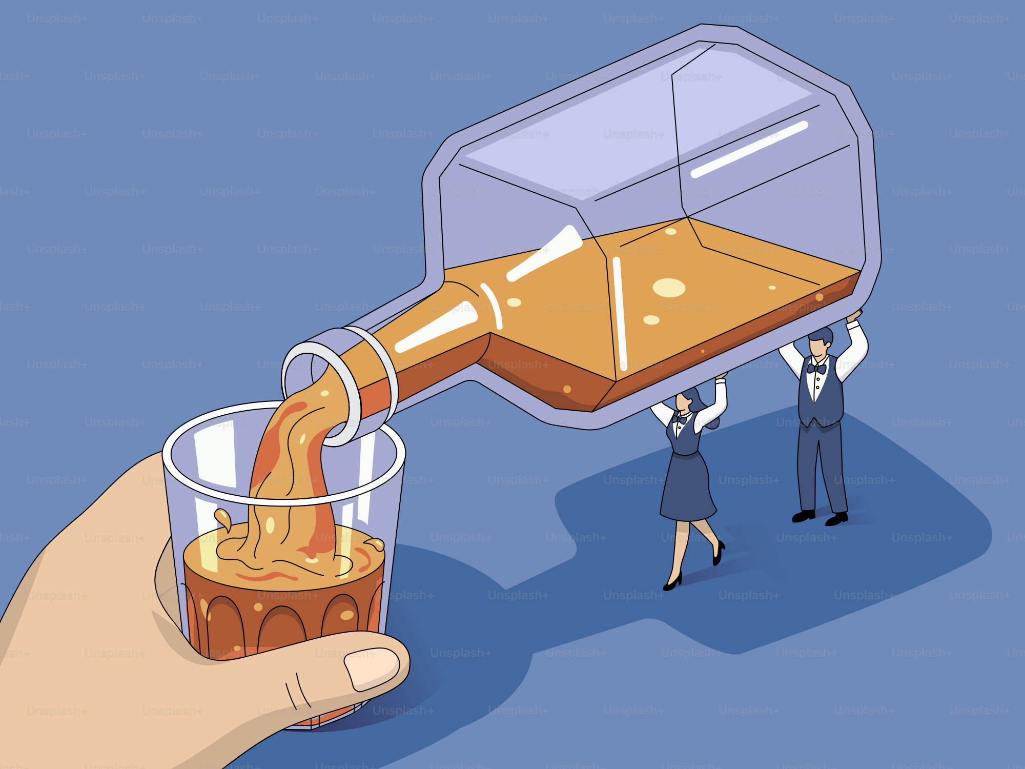 Two people pour liquid from a bottle into a glass.