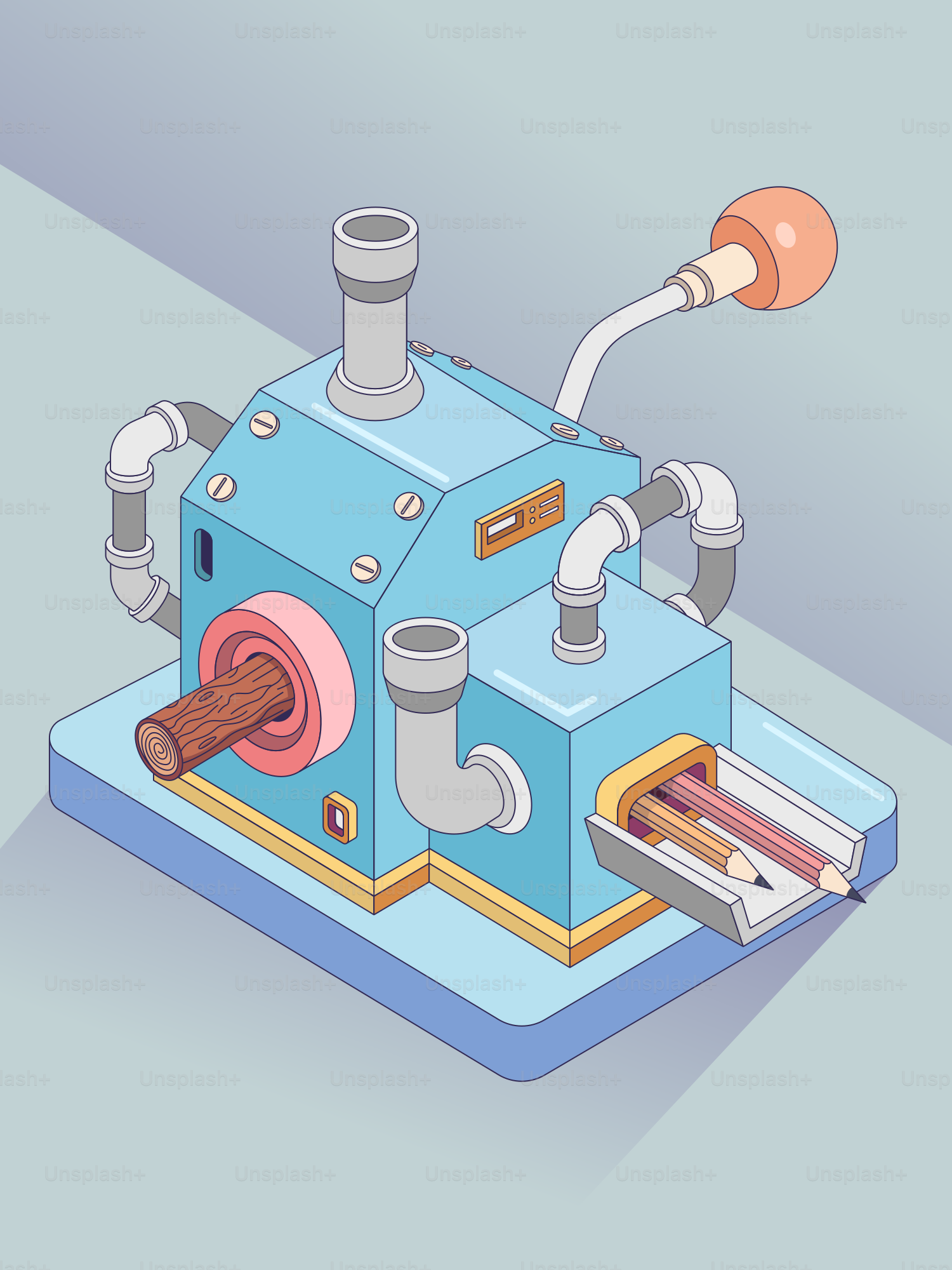 A whimsical blue machine sharpens pencils with a wooden log.