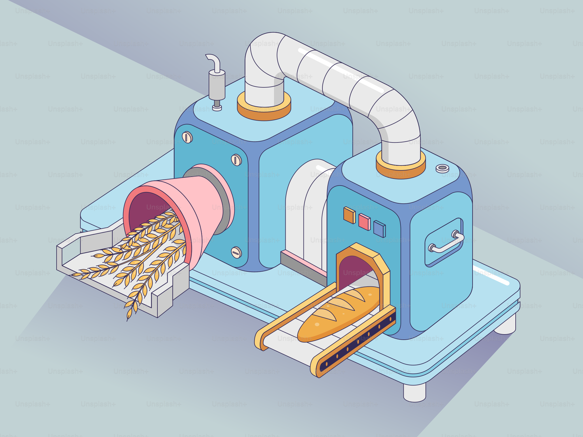Bread baking machine with wheat entering and bread exiting.