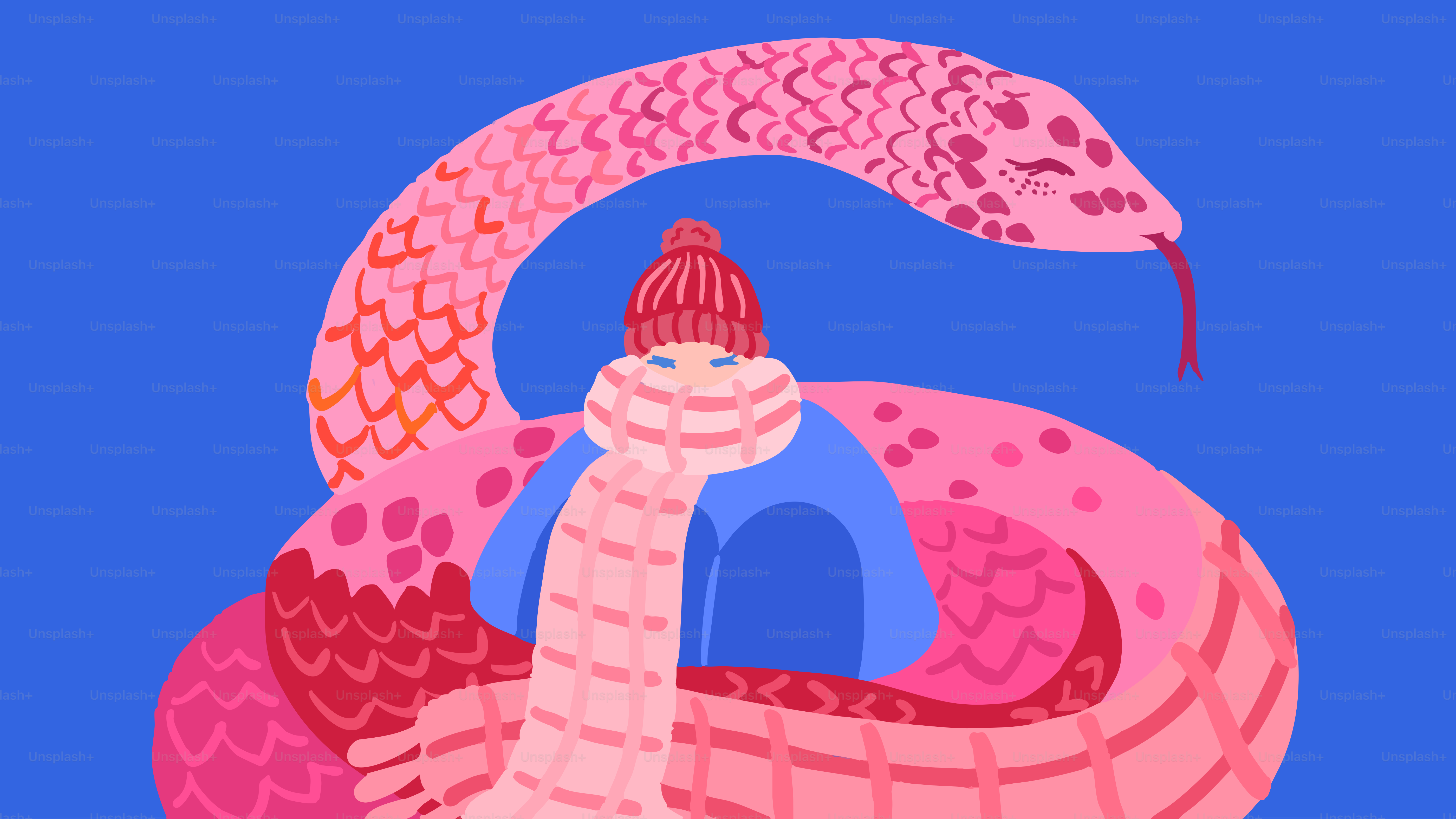 Eine in einen Schal gewickelte Person mit einer Schlange