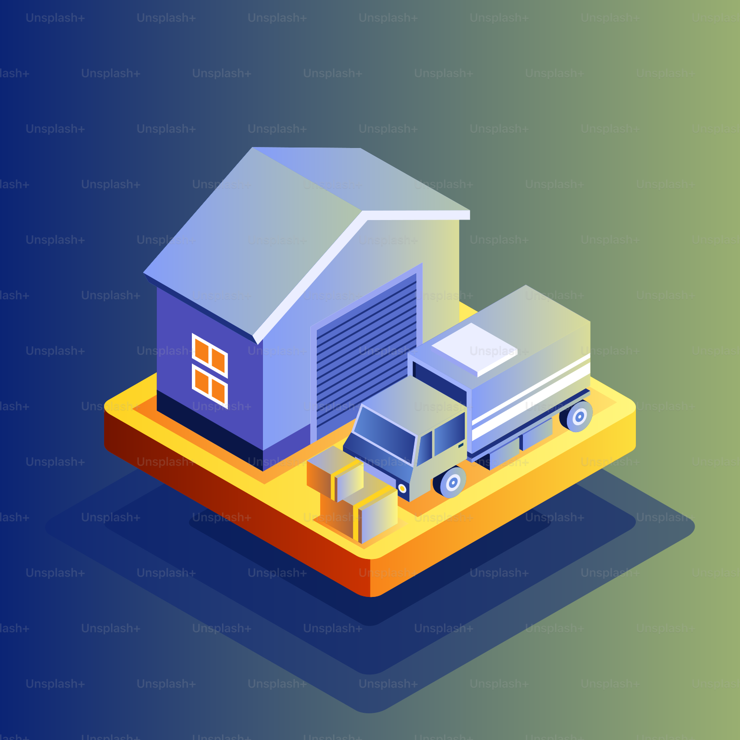 Magazzino isometrico con camion per le consegne e scatole