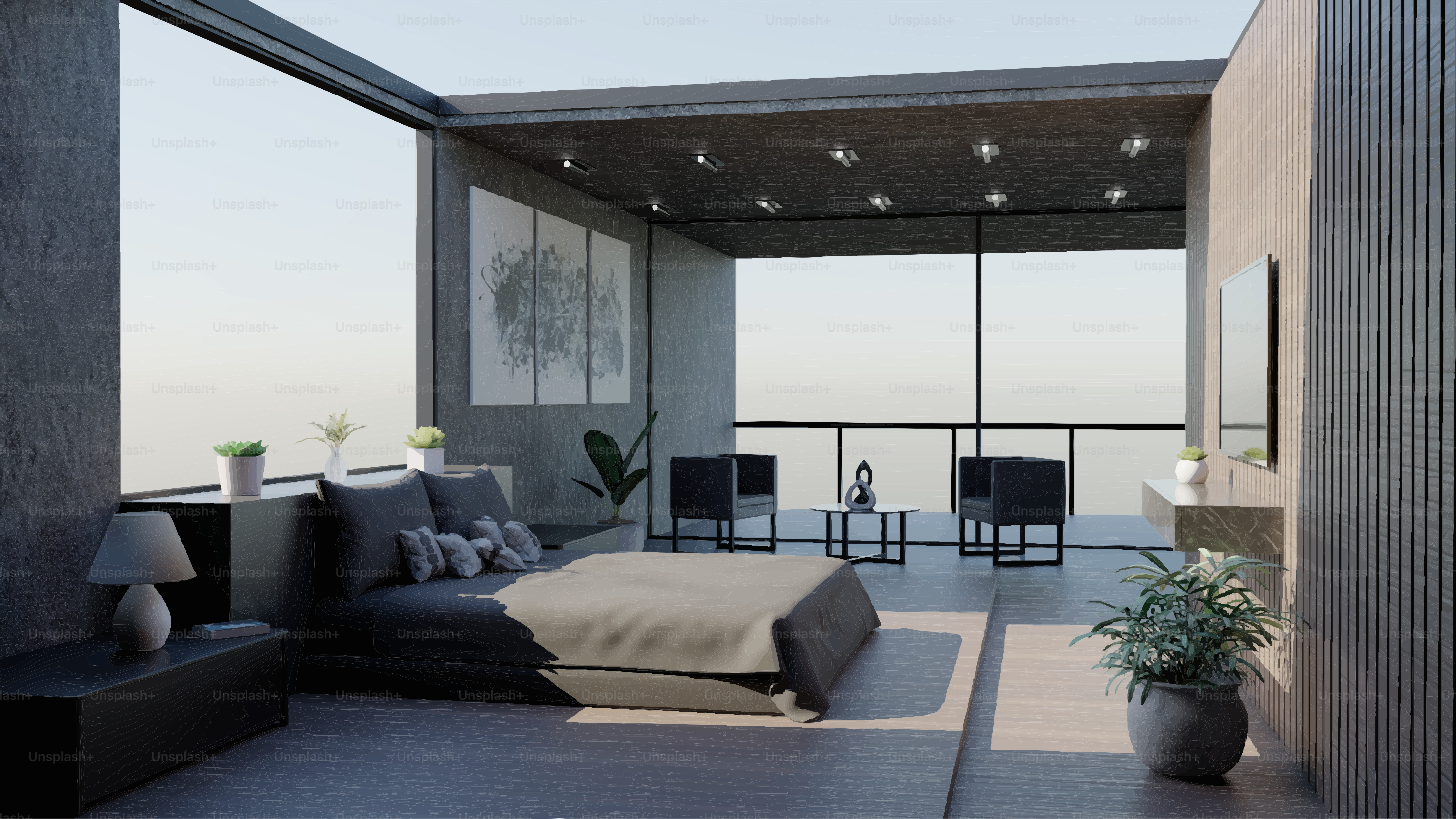 Modern bedroom with large windows and ocean view