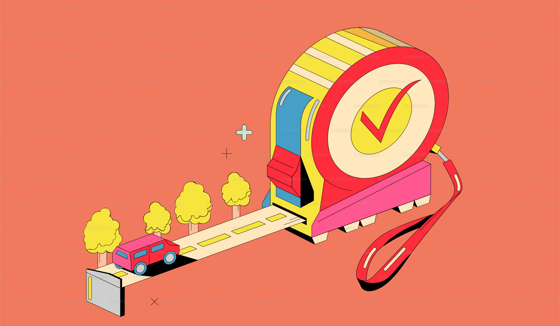 Cinta métrica con ilustración de carretera y coche