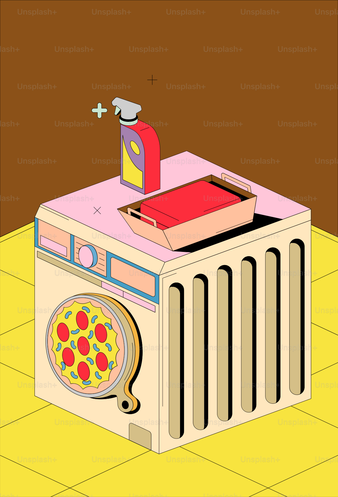 Washing machine with pizza, cleaning spray, and tray
