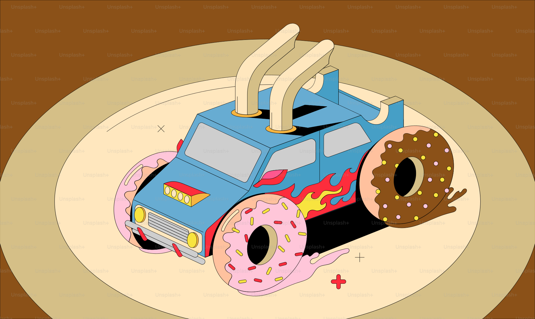 Blue car with donut wheels on a plate