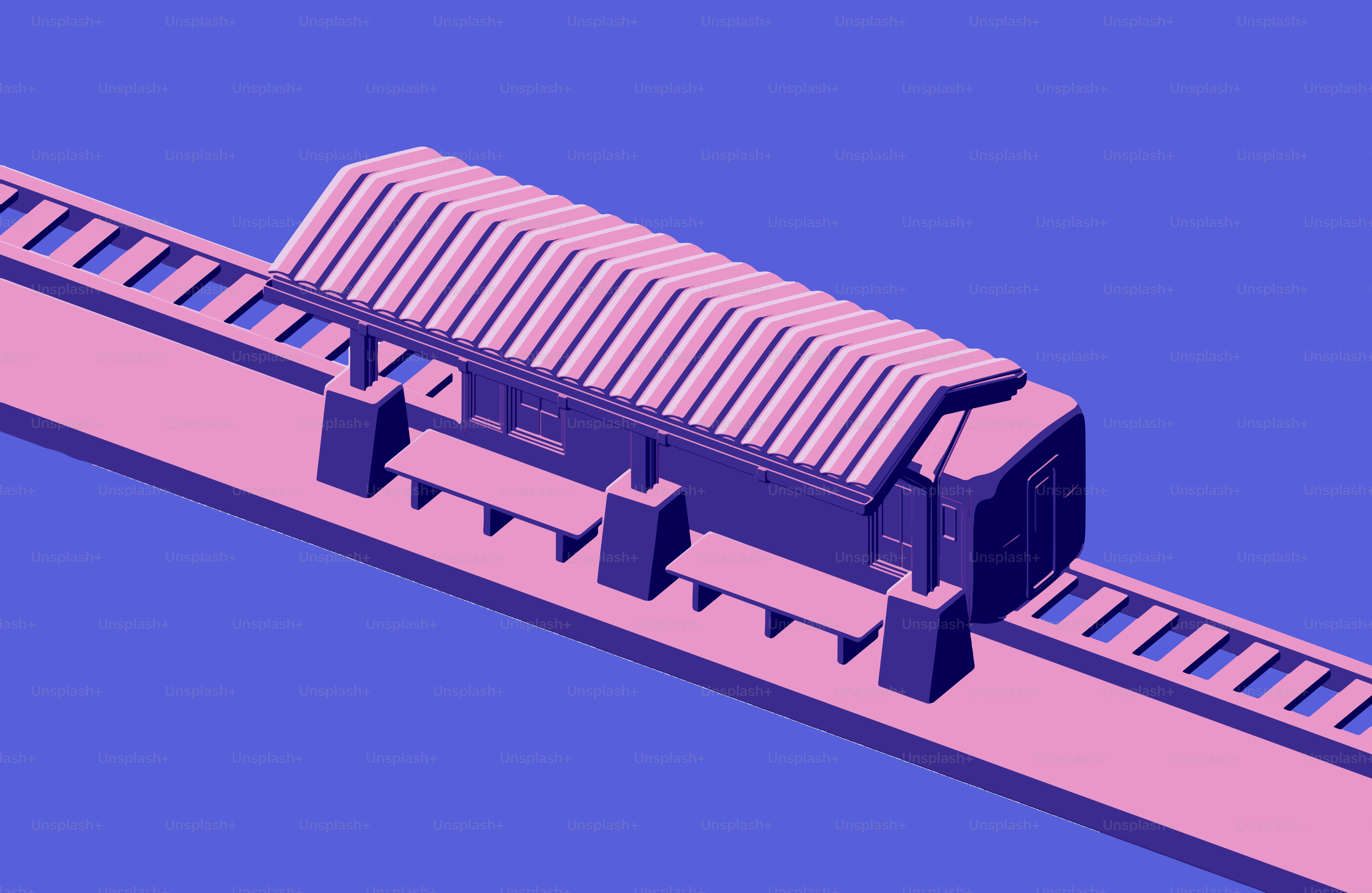 A minimalist 3D rendering of a train station platform.