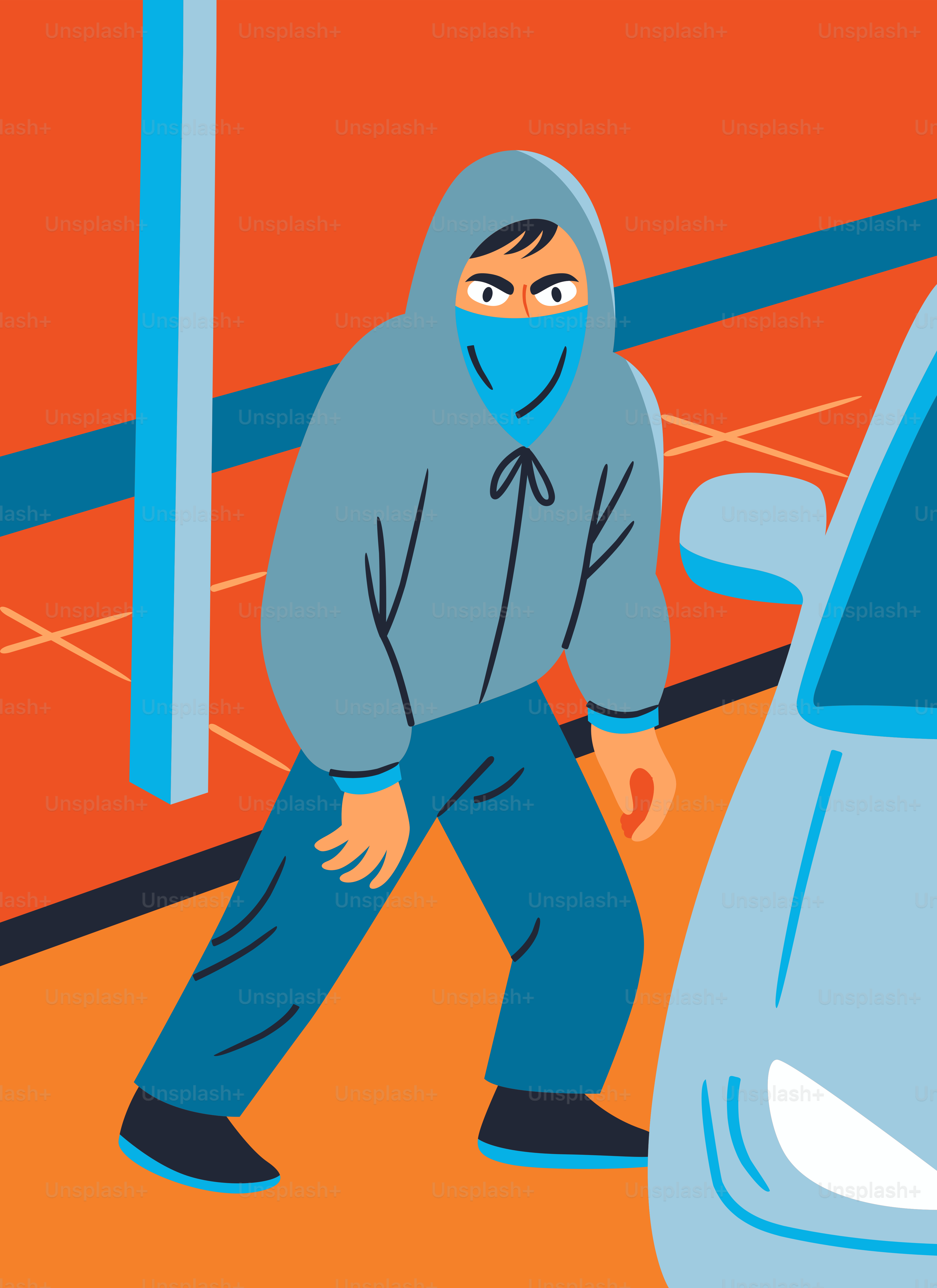車の近くでパーカーとマスクを着た男性