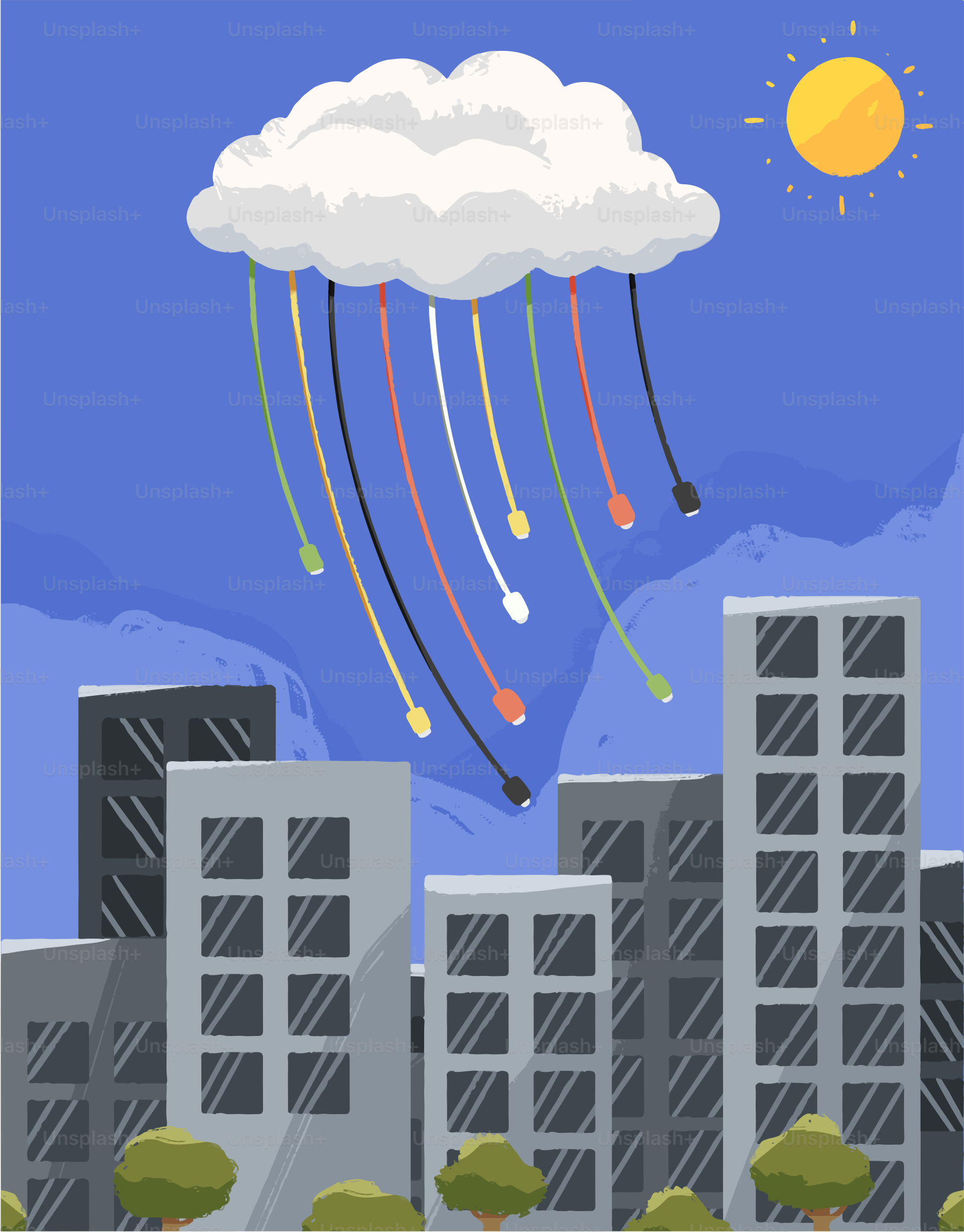 Awan menghujani kabel warna-warni di atas bangunan kota