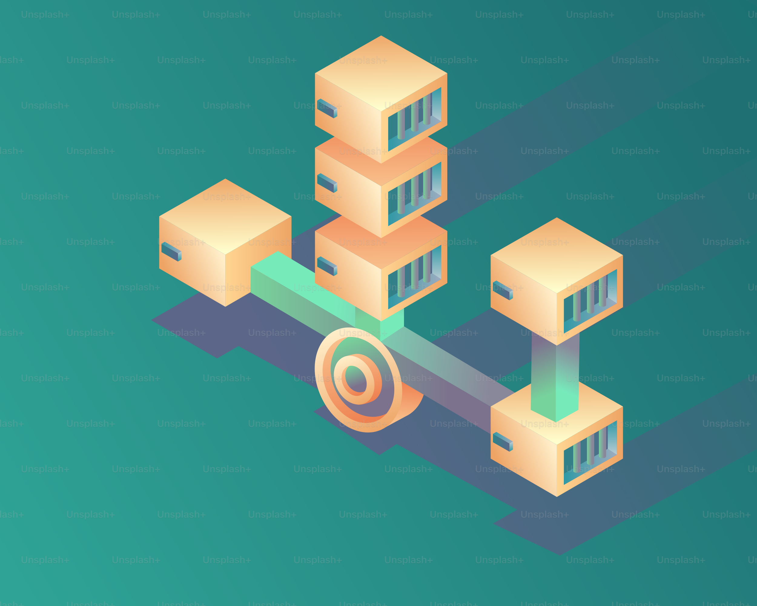 Diagramma isometrico di rack server impilati e connessioni di rete