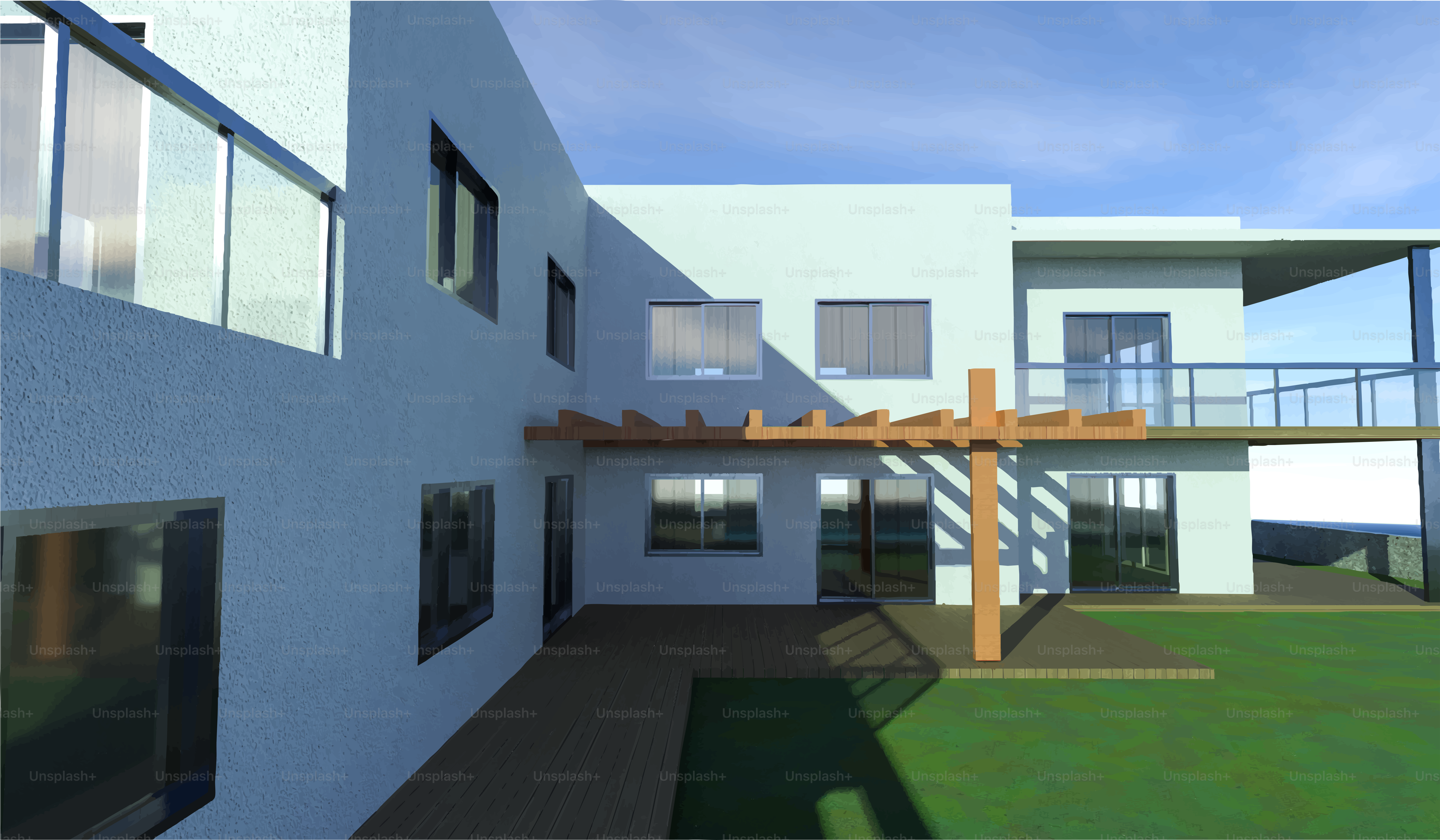 Casa moderna con patio e prato verde