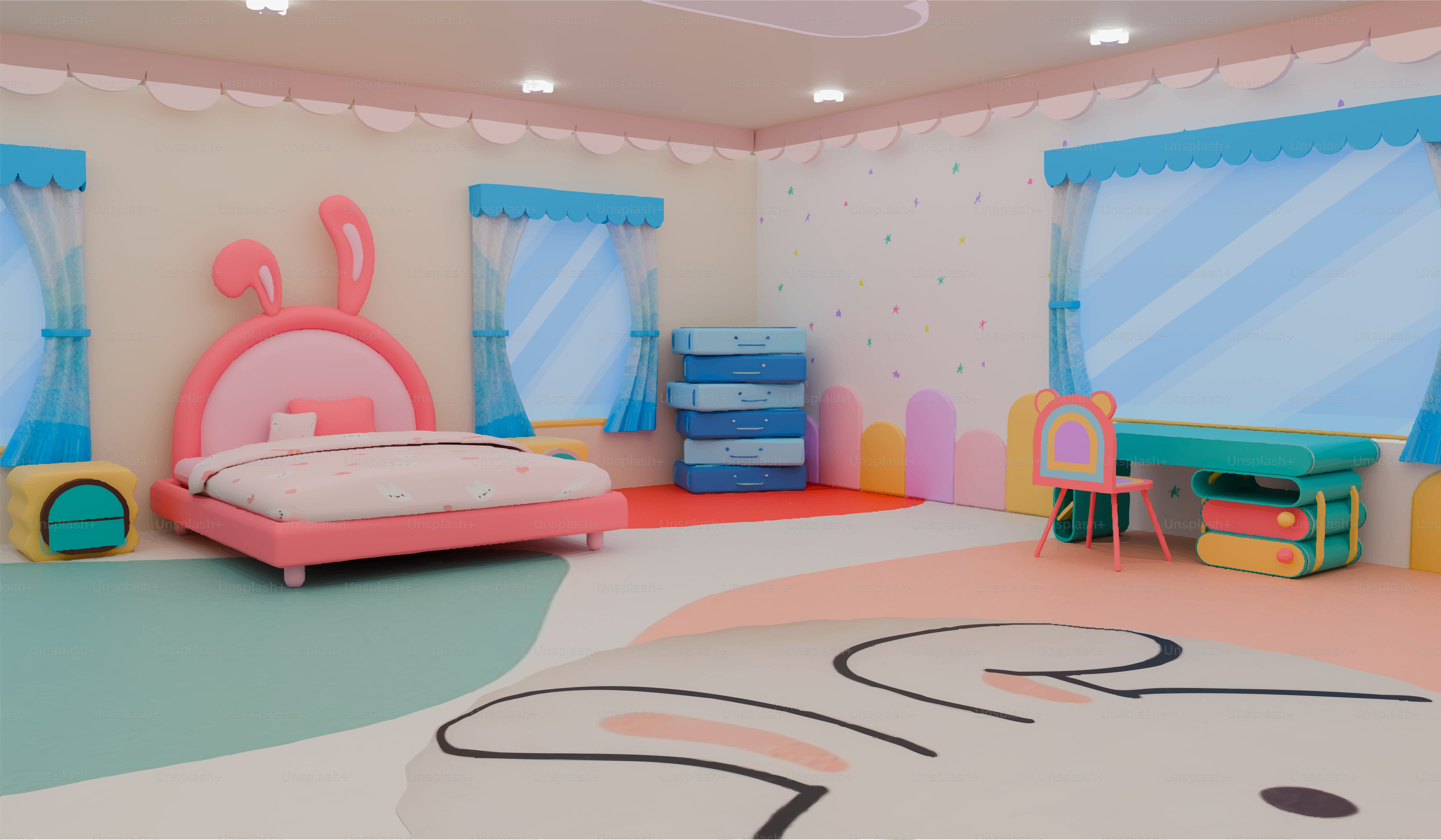 Um quarto colorido dos desenhos animados com um tema do coelho.