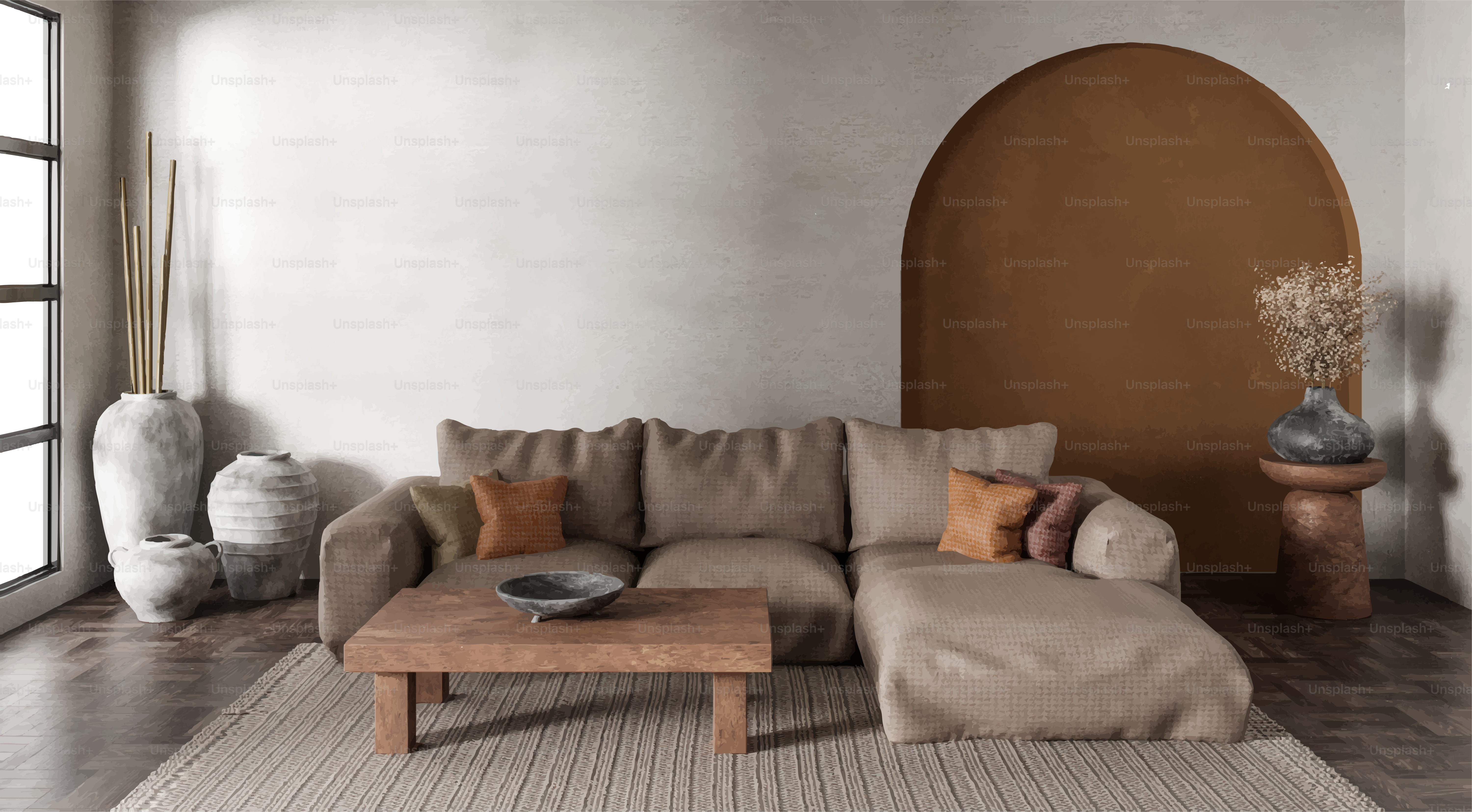 Sala de estar moderna com sofá seccional e parede arqueada