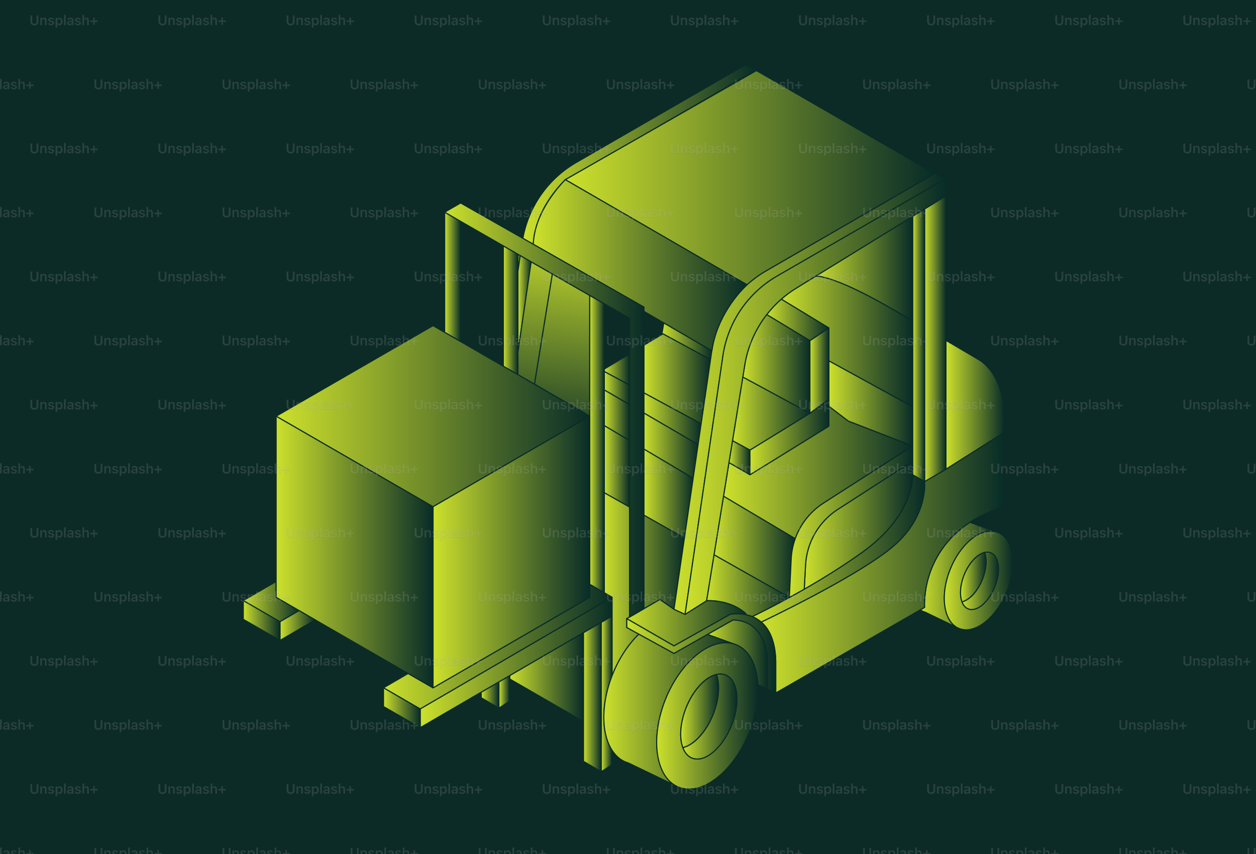 Un chariot élévateur vert transportant une boîte sur un fond sombre