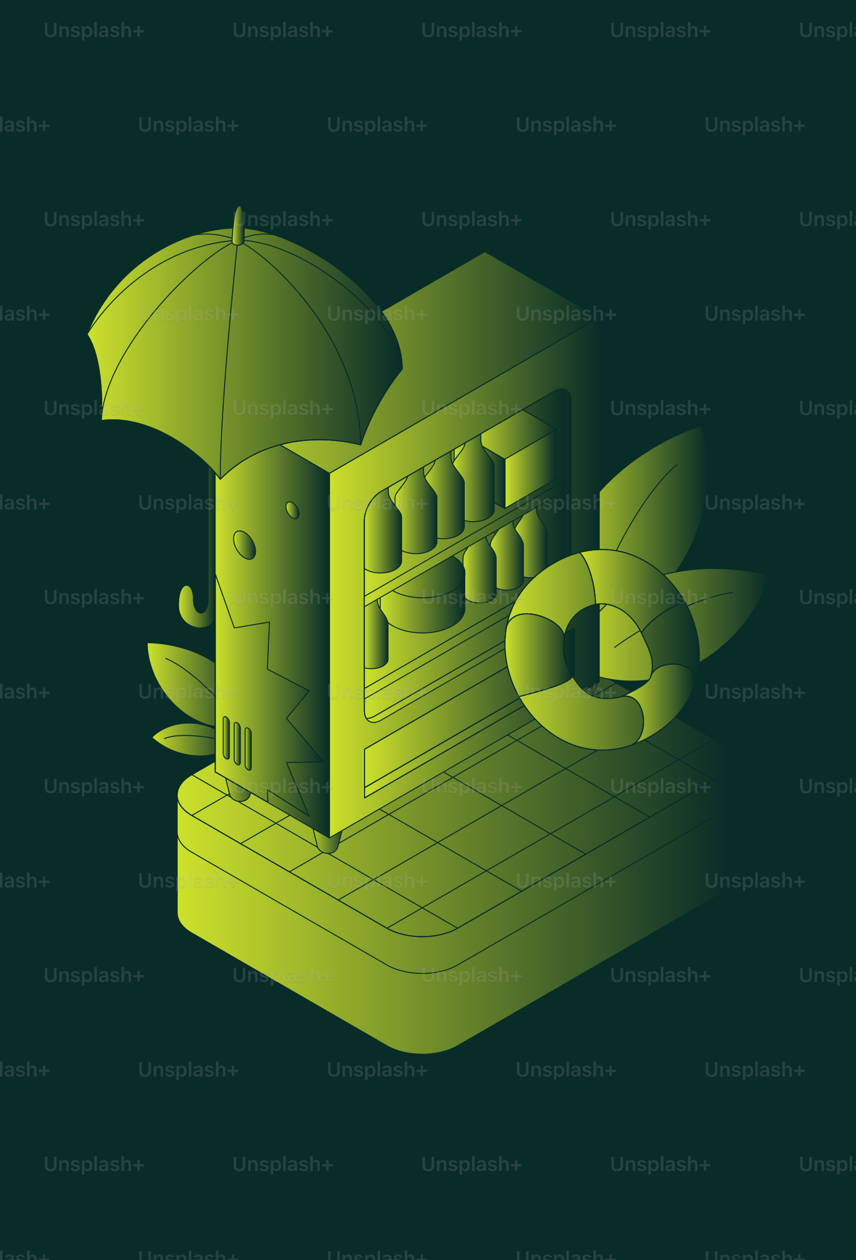 Isometric vending machine with umbrella and leaves. vector – Abstract ...