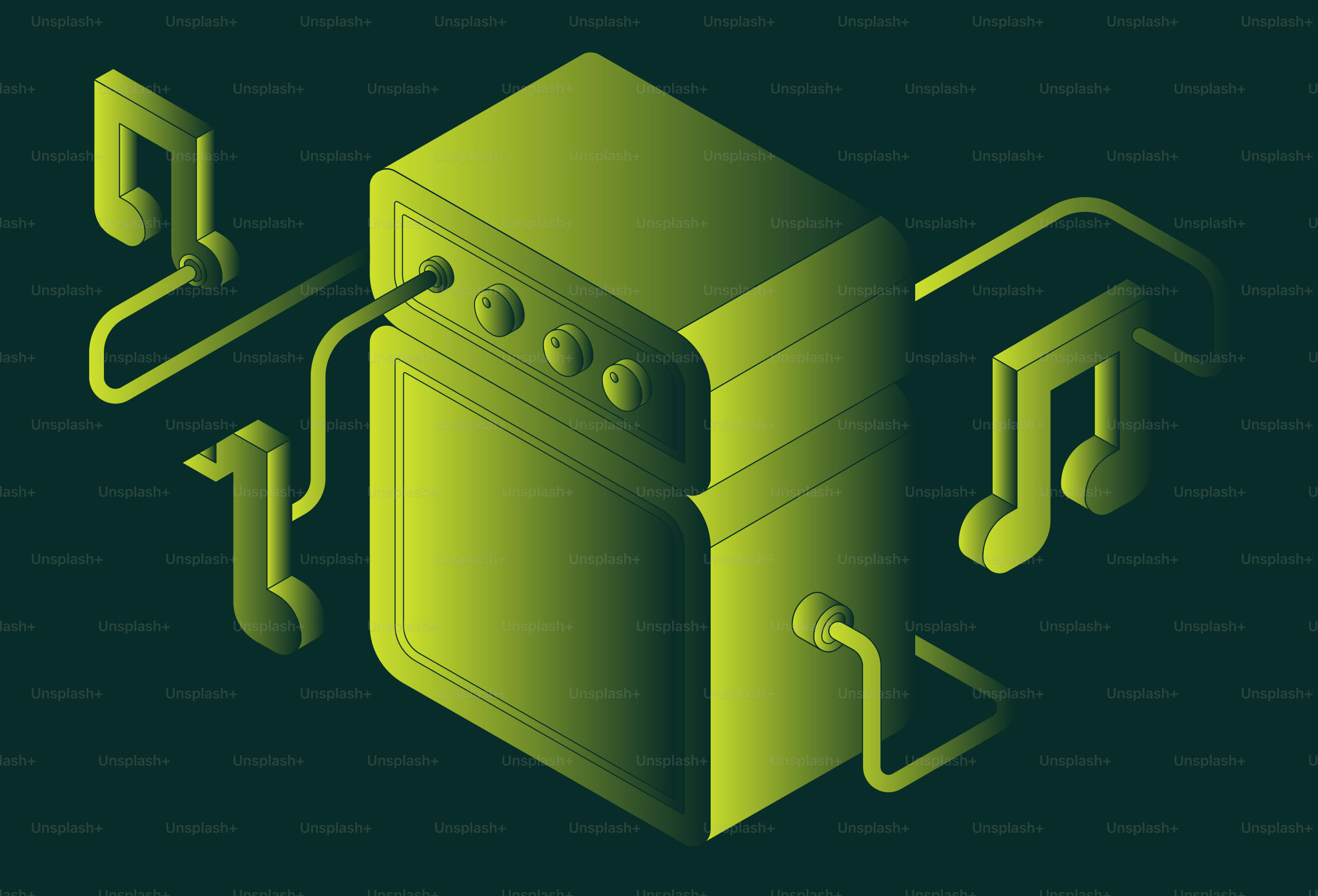 Amplificador con notas musicales y cables