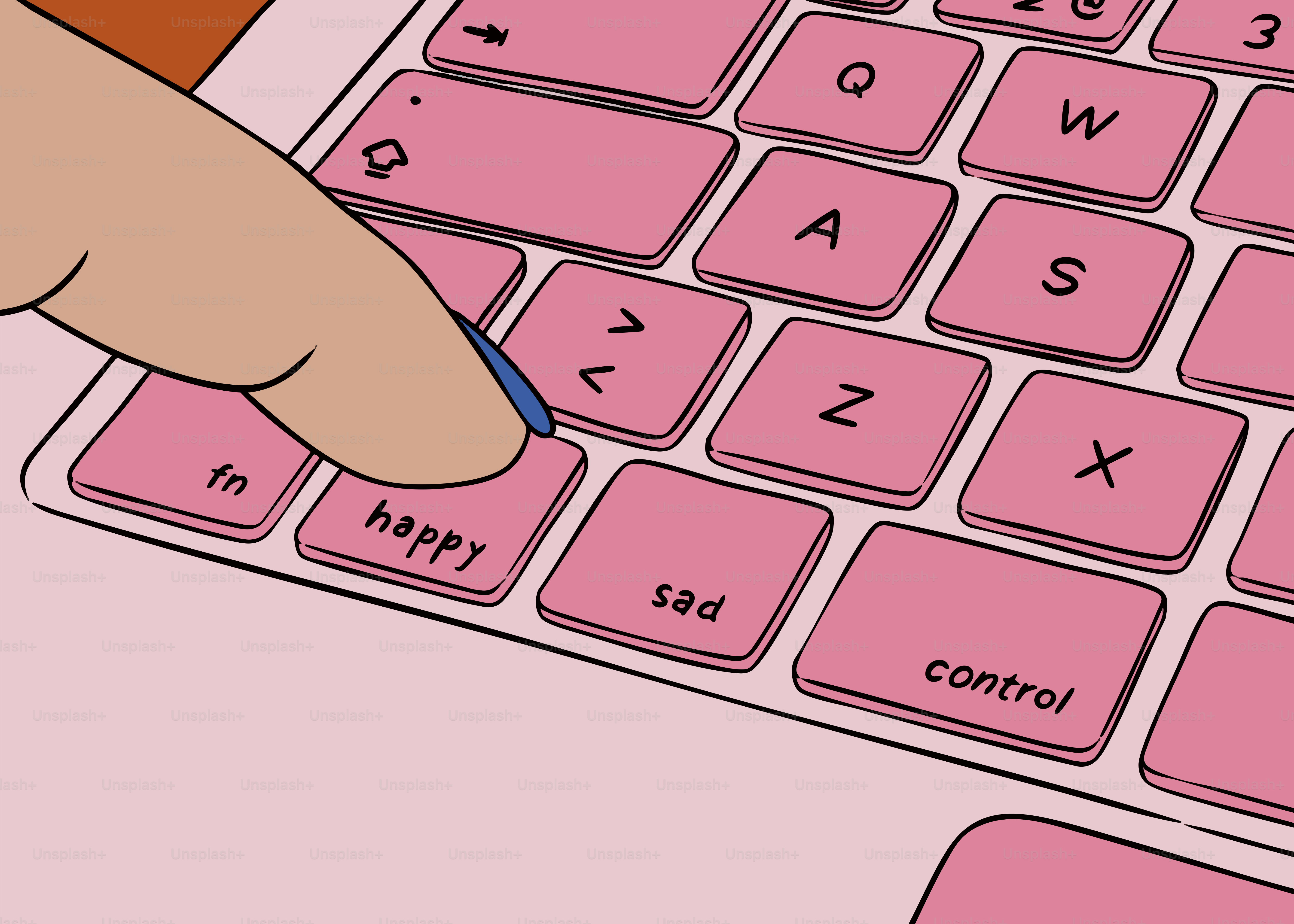 O dedo pressiona a tecla 'feliz' no teclado rosa.