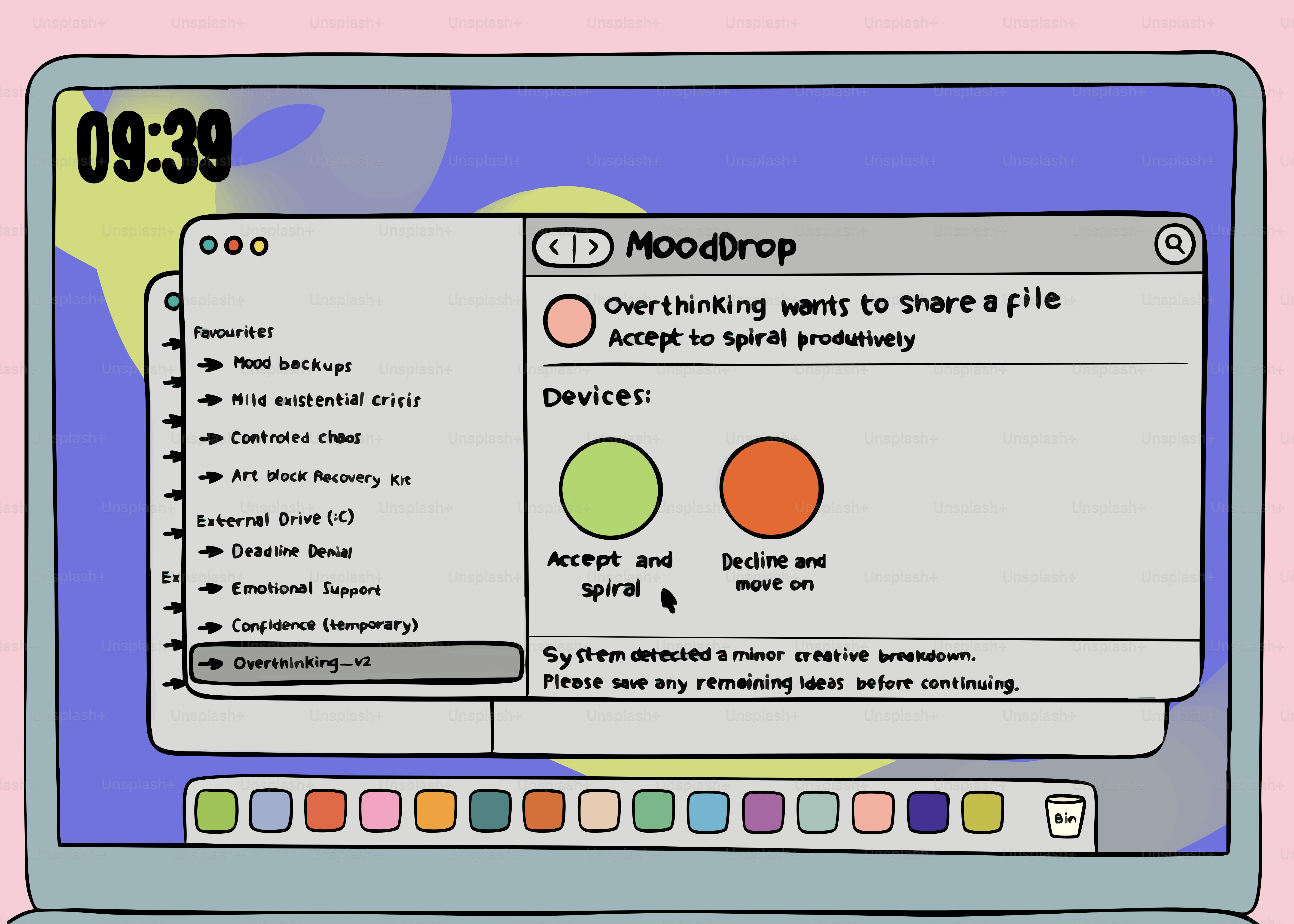 Tela do laptop exibindo uma interface de aplicativo "mooddrop".