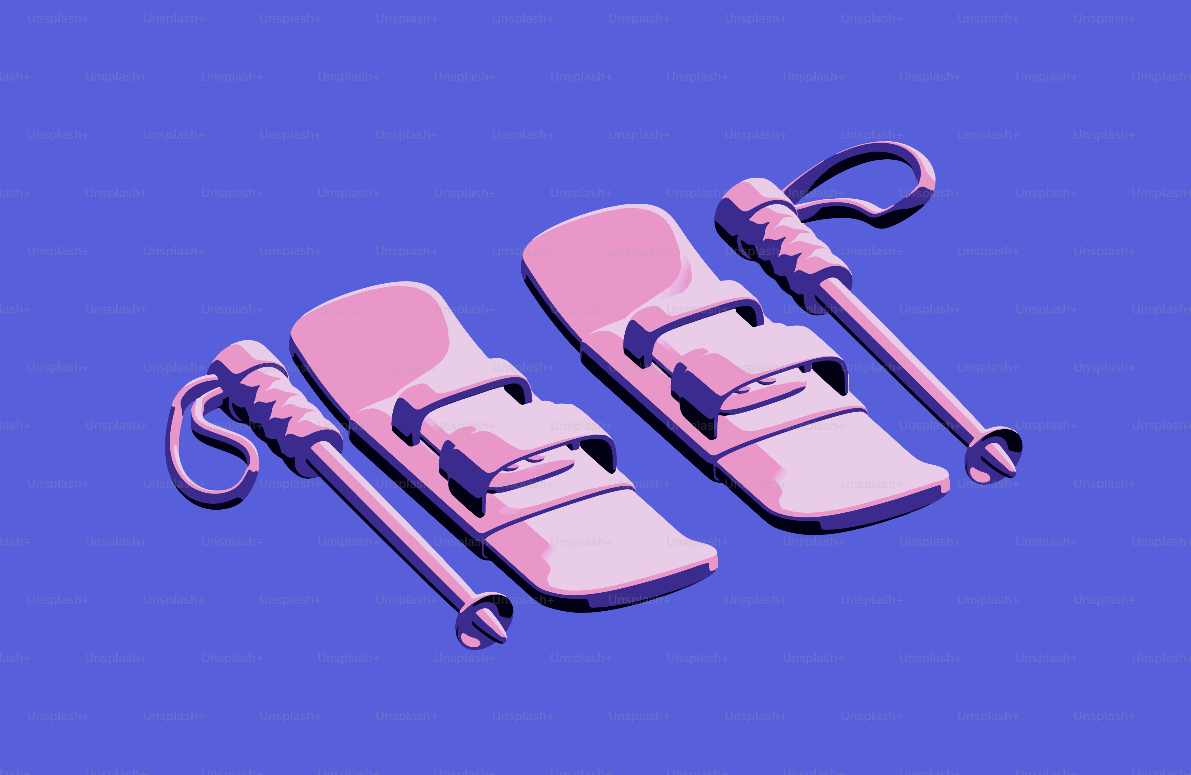 Skis et bâtons roses sur fond bleu