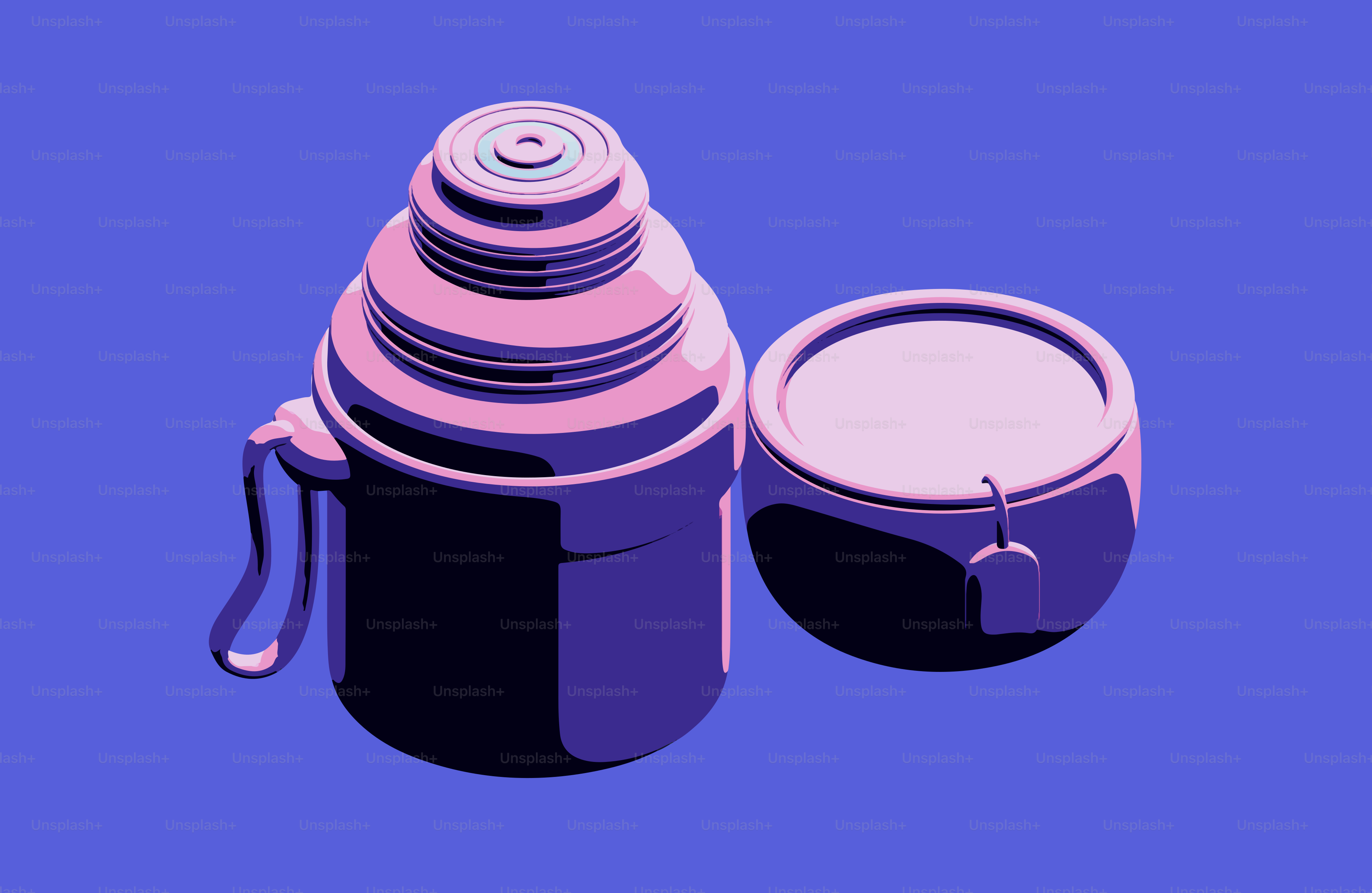 Un thermos violet et une tasse à thé sur fond bleu.