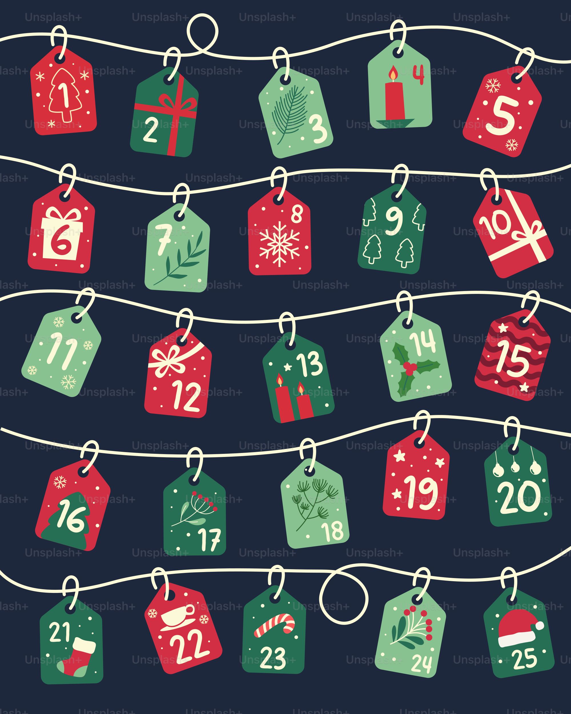 As etiquetas do calendário do advento de Natal eram de um a vinte e cinco.