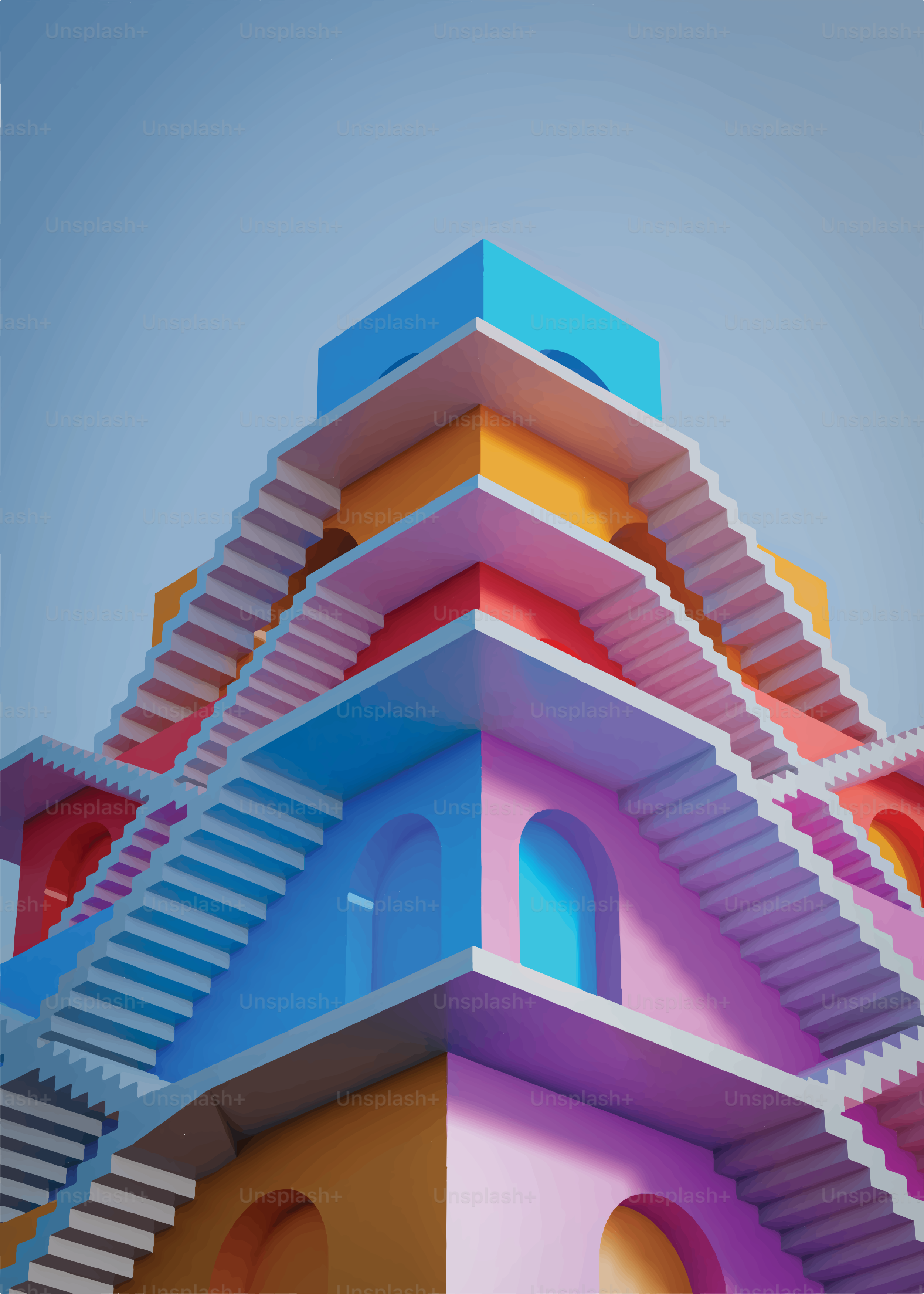 Colorful abstract building with many stairs