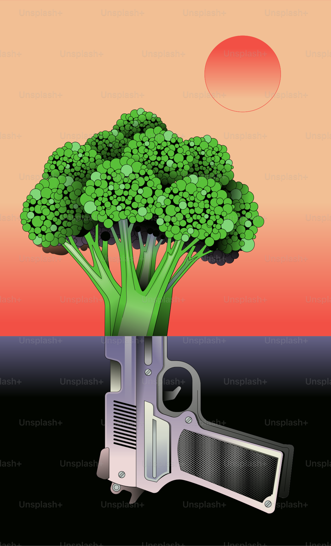 Broccoli tree and gun against a sunset