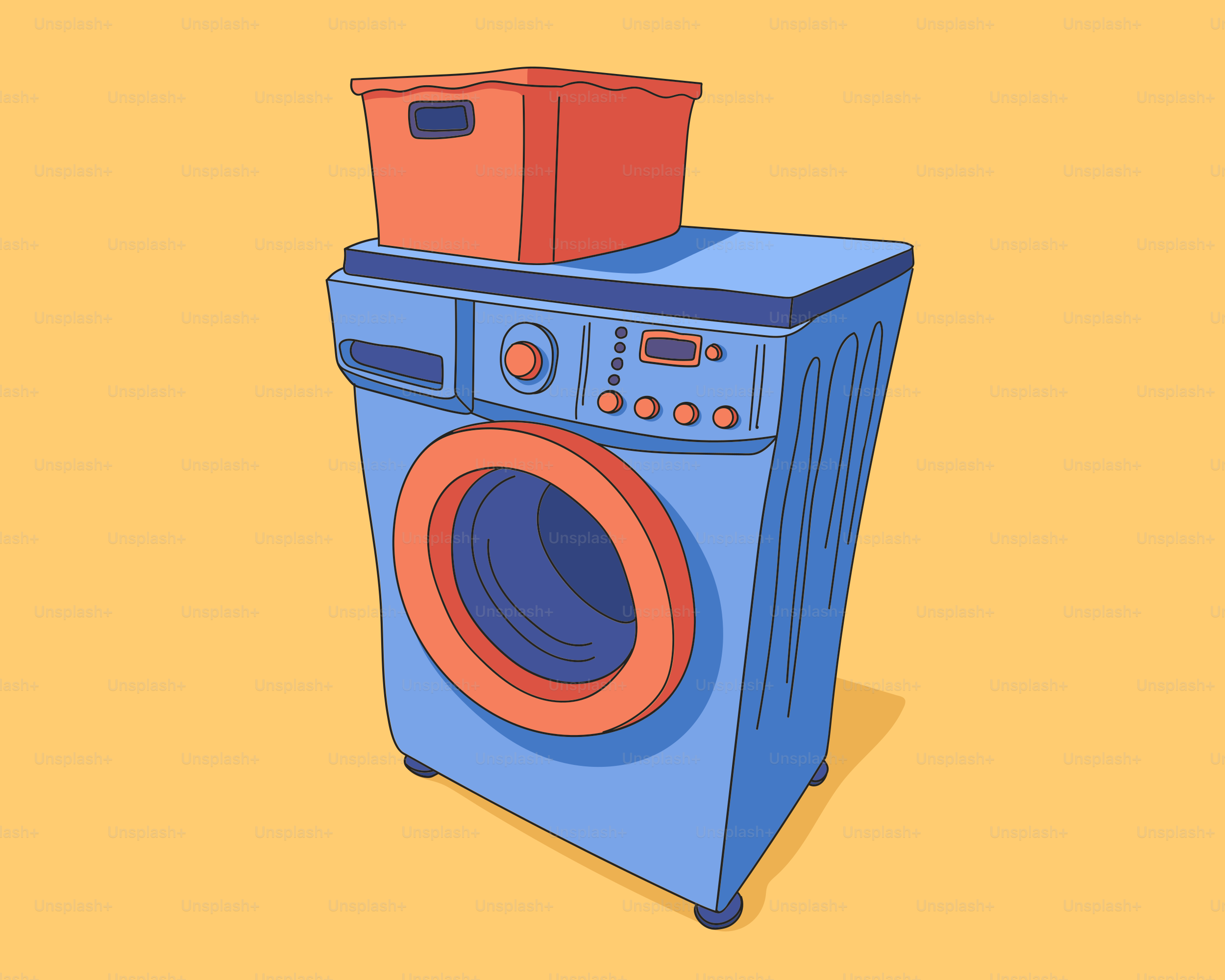 Blue washing machine with orange basket on top
